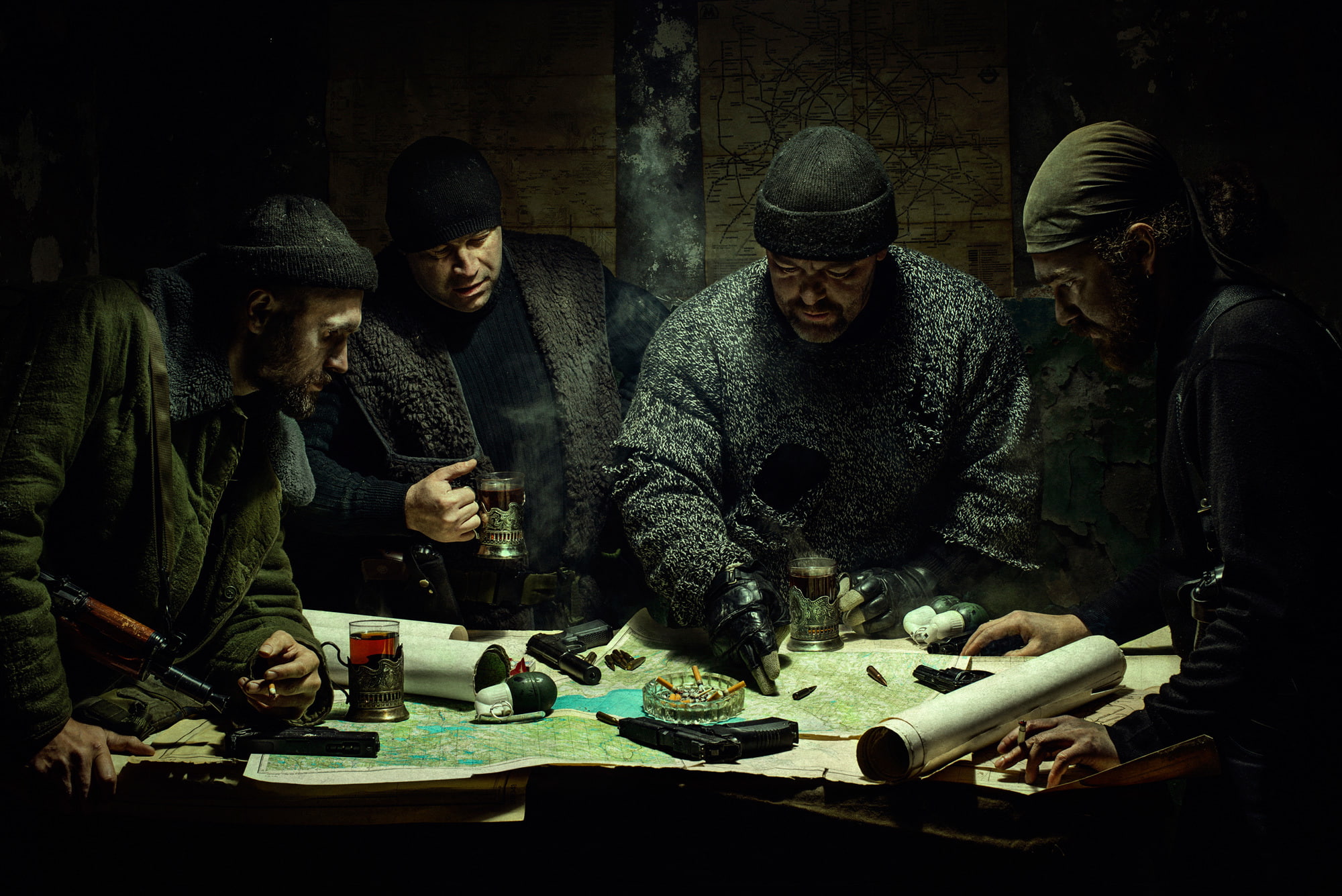 weapons, table, map, plan, men