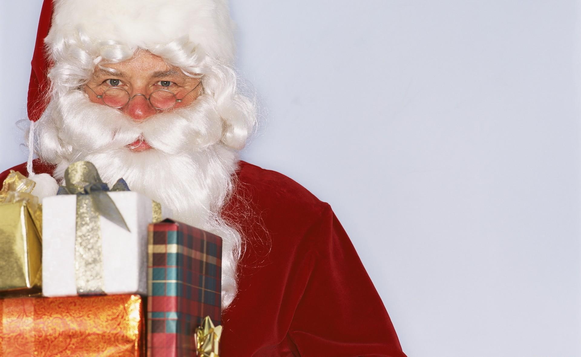 santa claus, face, beard, glasses, gifts, new year, christmas, holiday, santa claus with gift present boxes