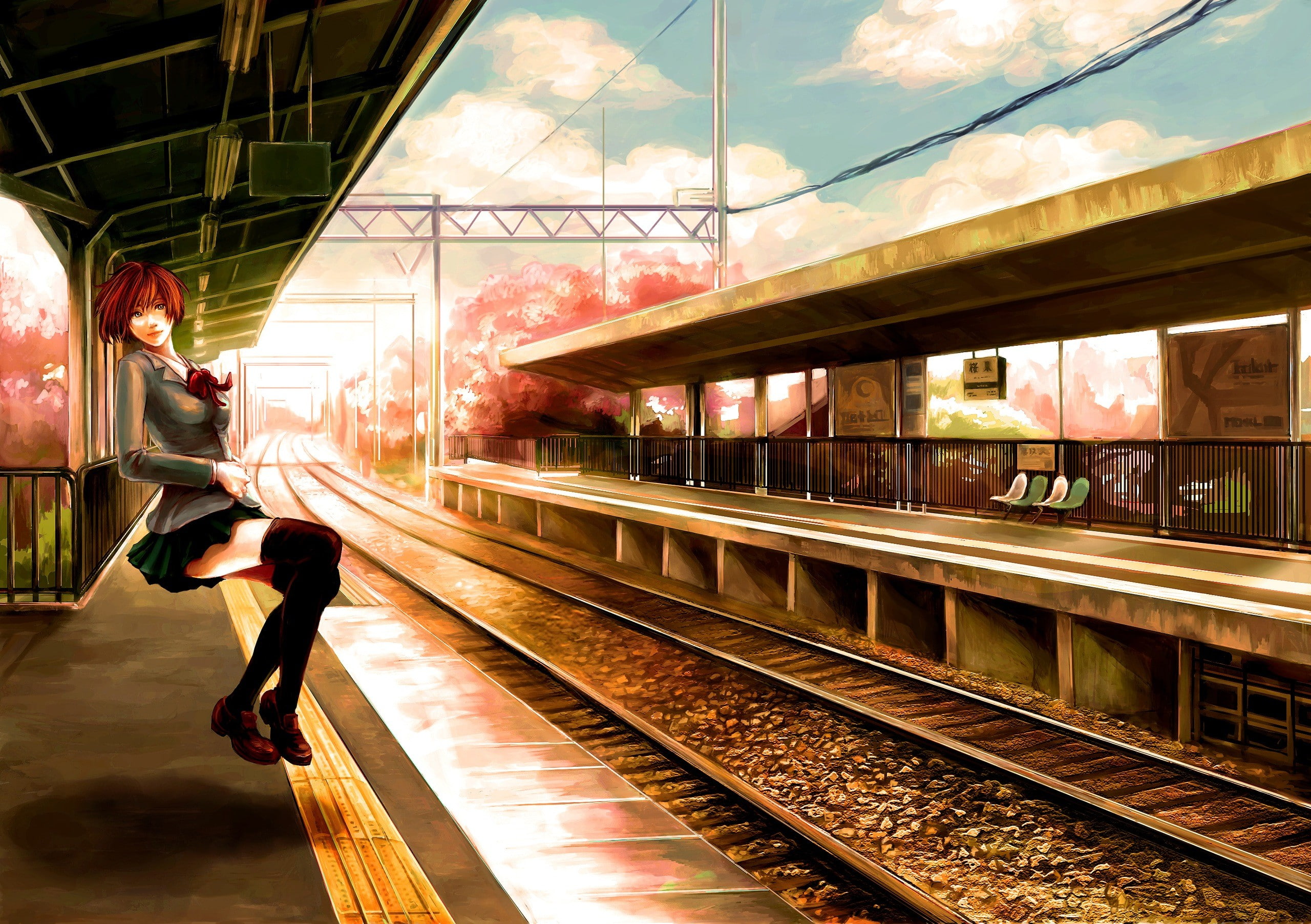 manga, rail transportation, track, railroad station platform