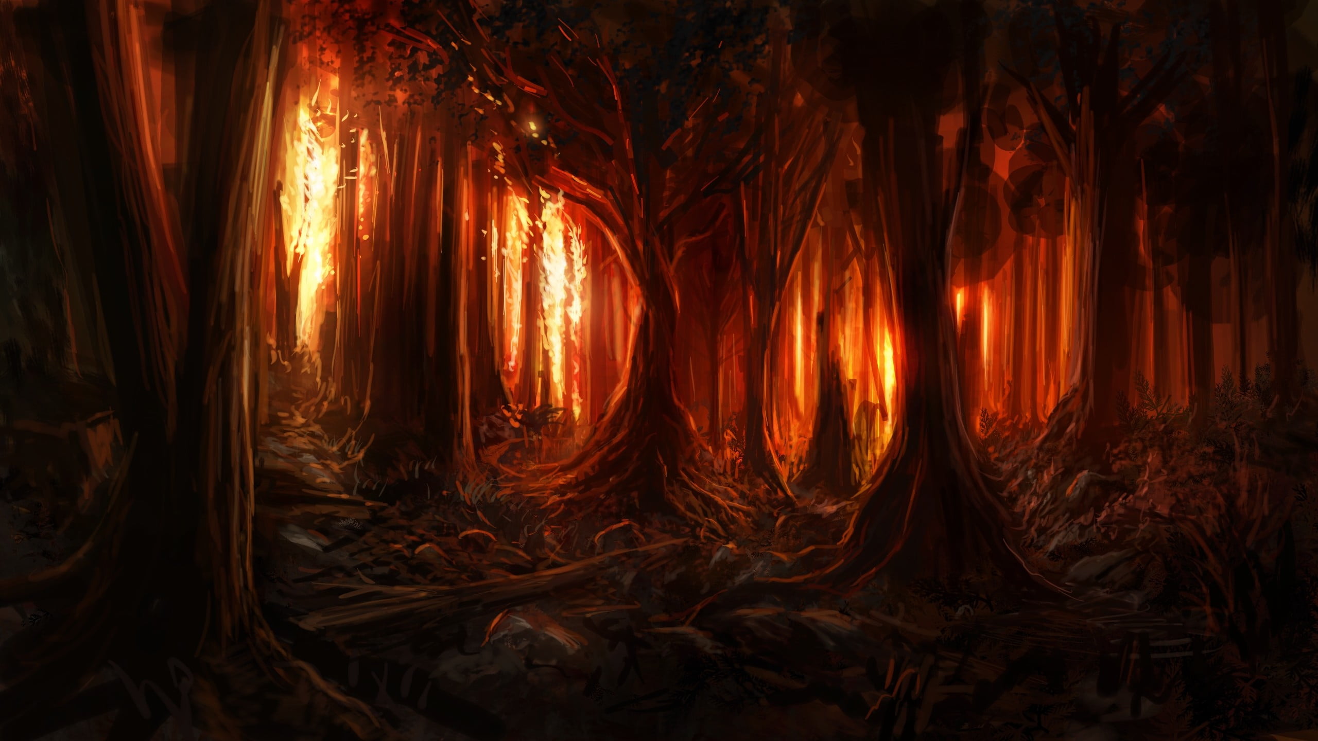 forest wildfire painting, digital art, nature, trees, burning