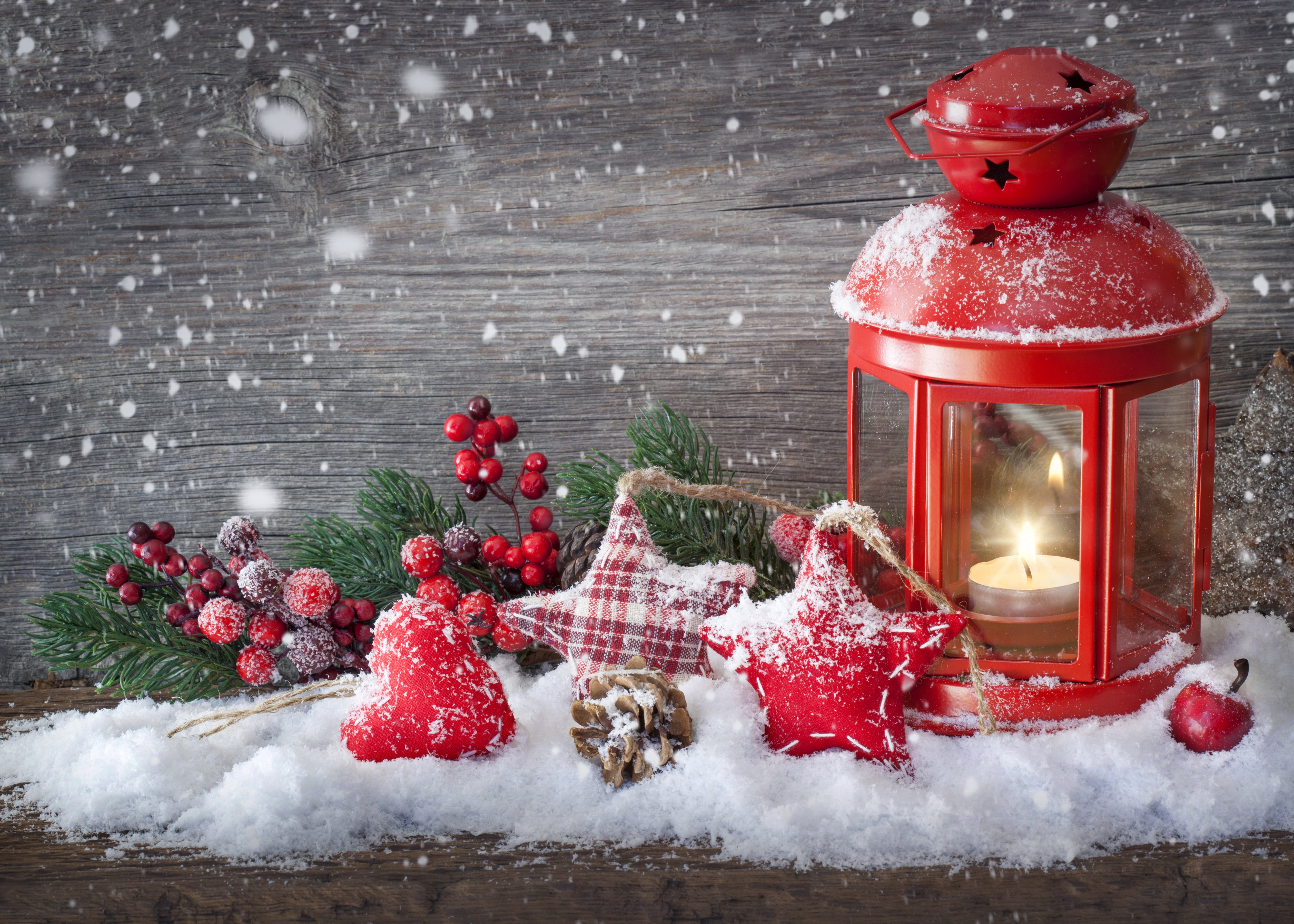 red tealight candle lantern, stars, snow, toys, branch, New Year