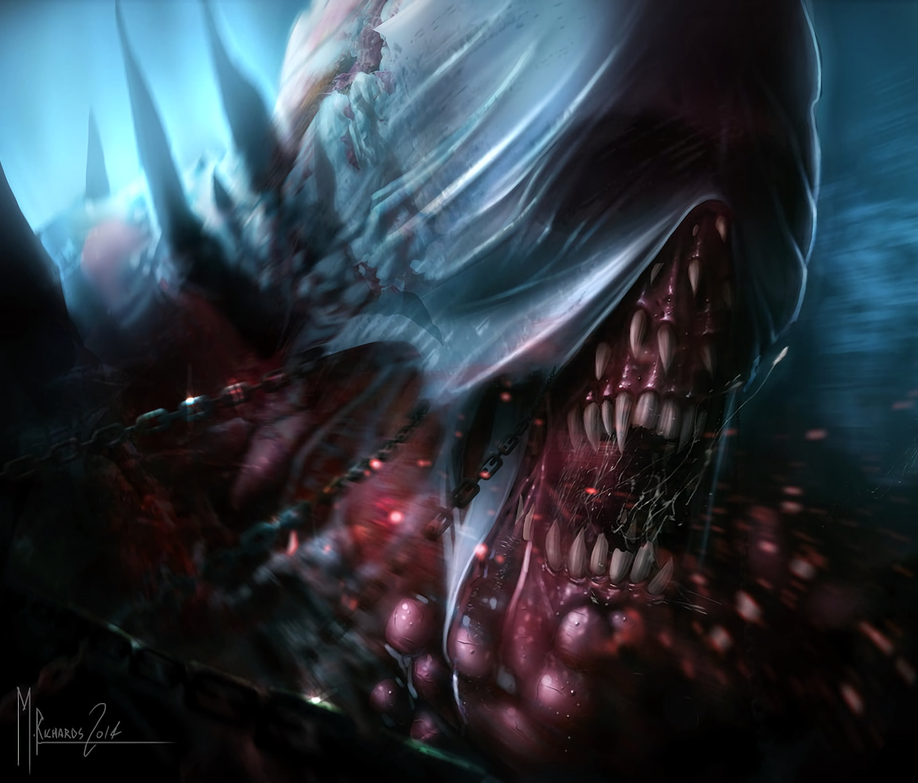 gray and pink wallpaper, monster, jaw, teeth, art, grin, water