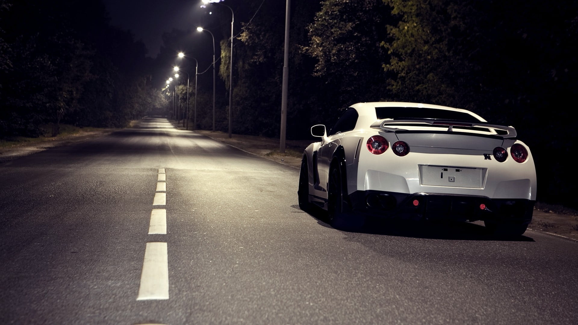 white Nissan GTR sports coupe, car, night, lights, road, r35