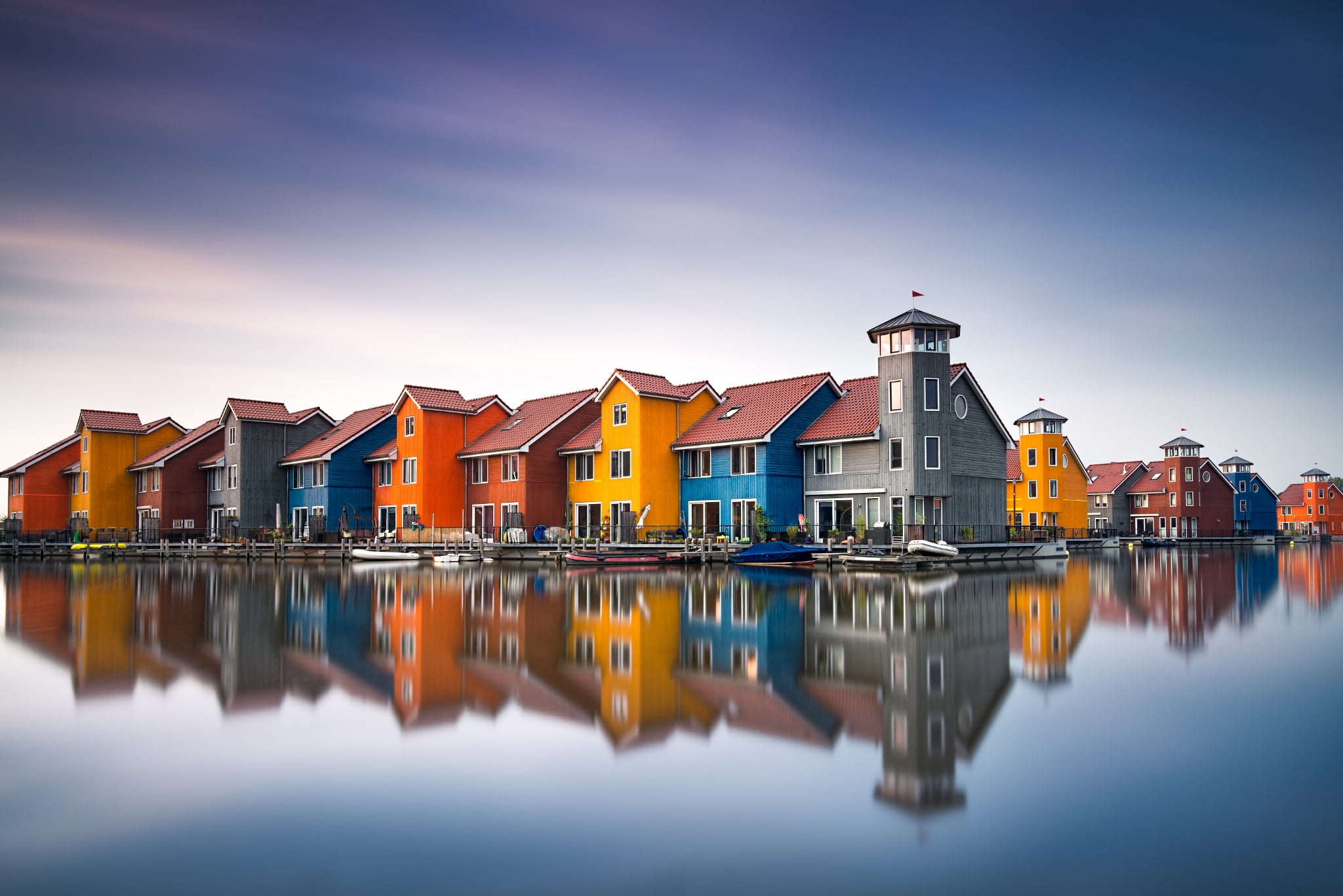 assorted-color concrete houses, water, reflection, colorful, boat
