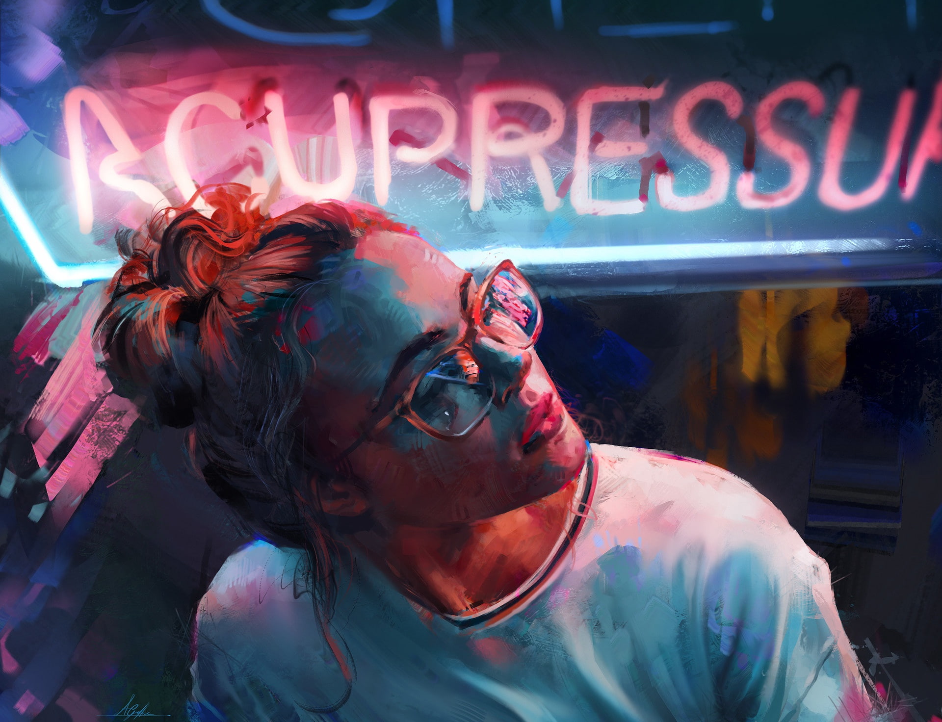 girl, neon, art, glasses, Aaron Griffin