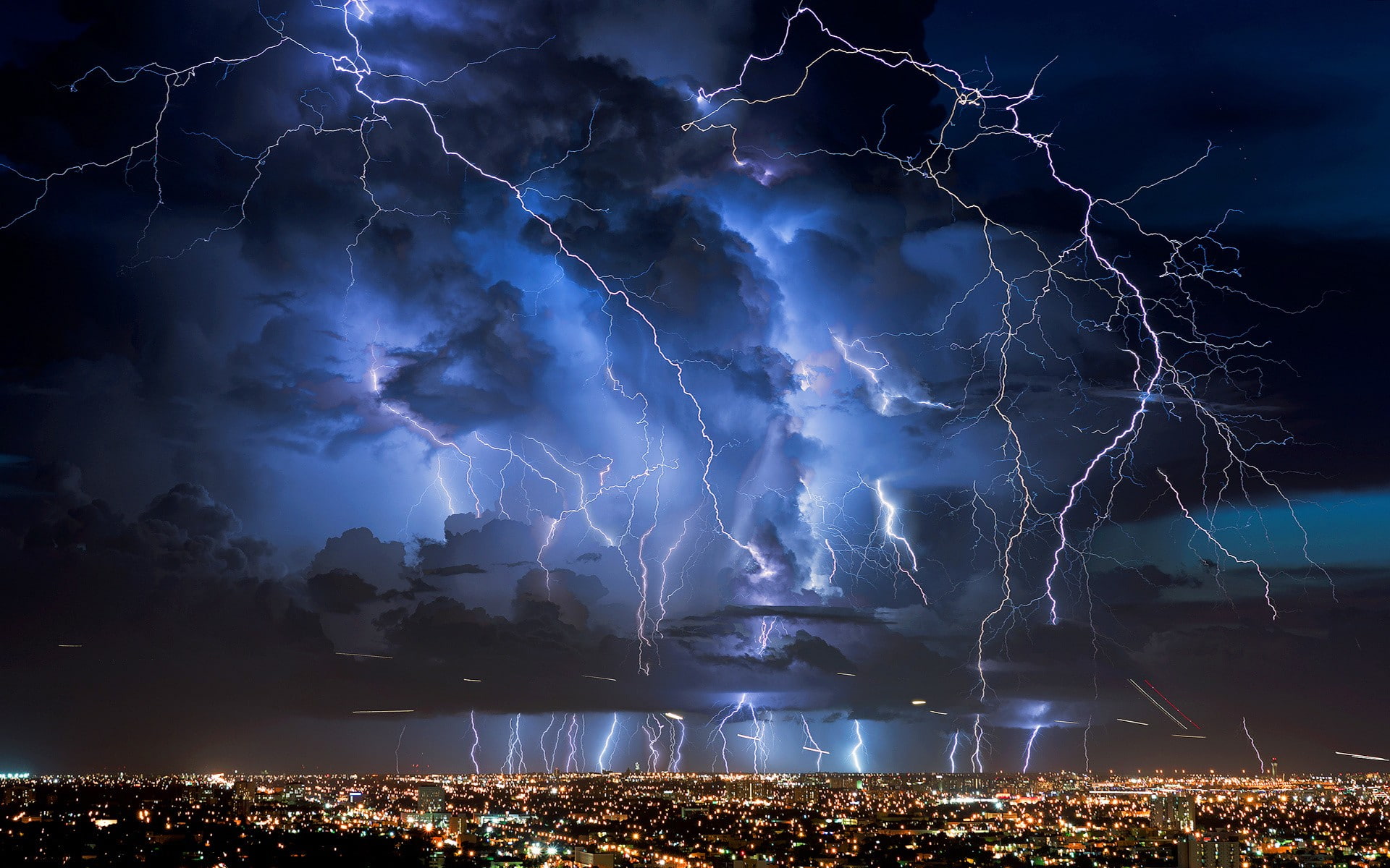 lightning, nature, night, clouds, lights, electricity, cityscape