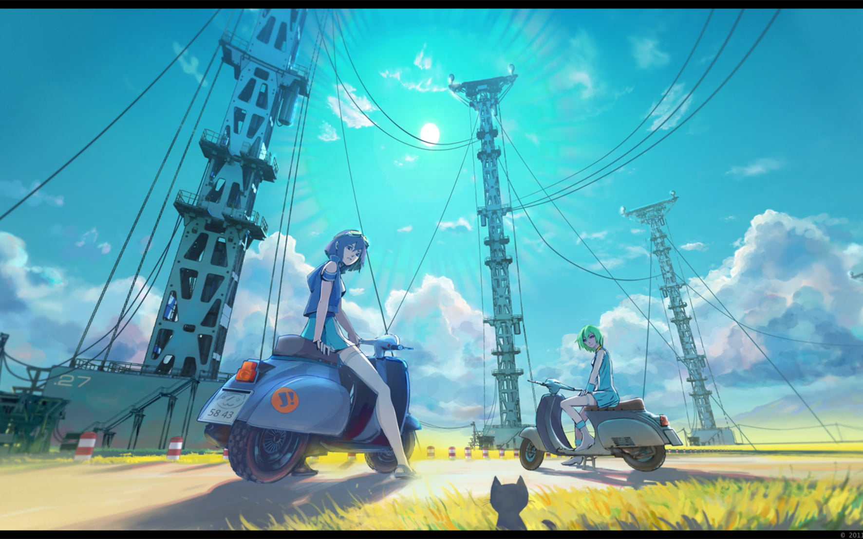 blue-haired girl sitting on motor scooter illustration, anime