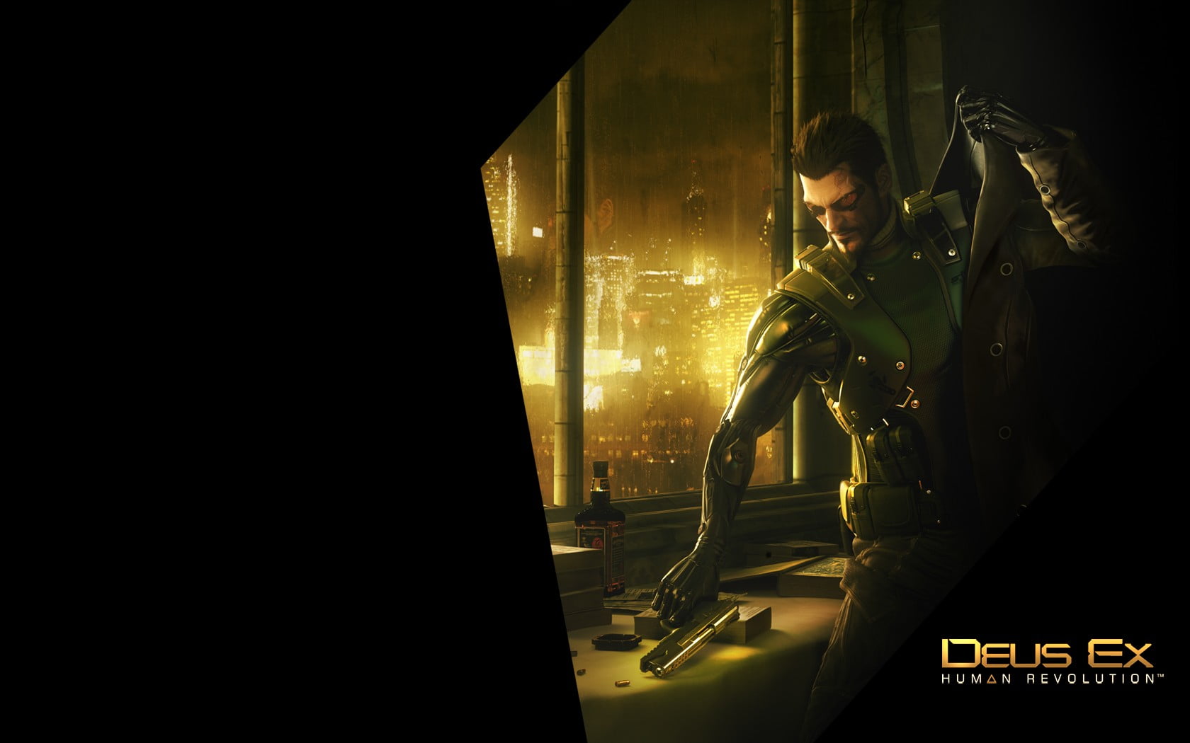 man's black and white polo shirt, Deus Ex: Human Revolution, cyberpunk