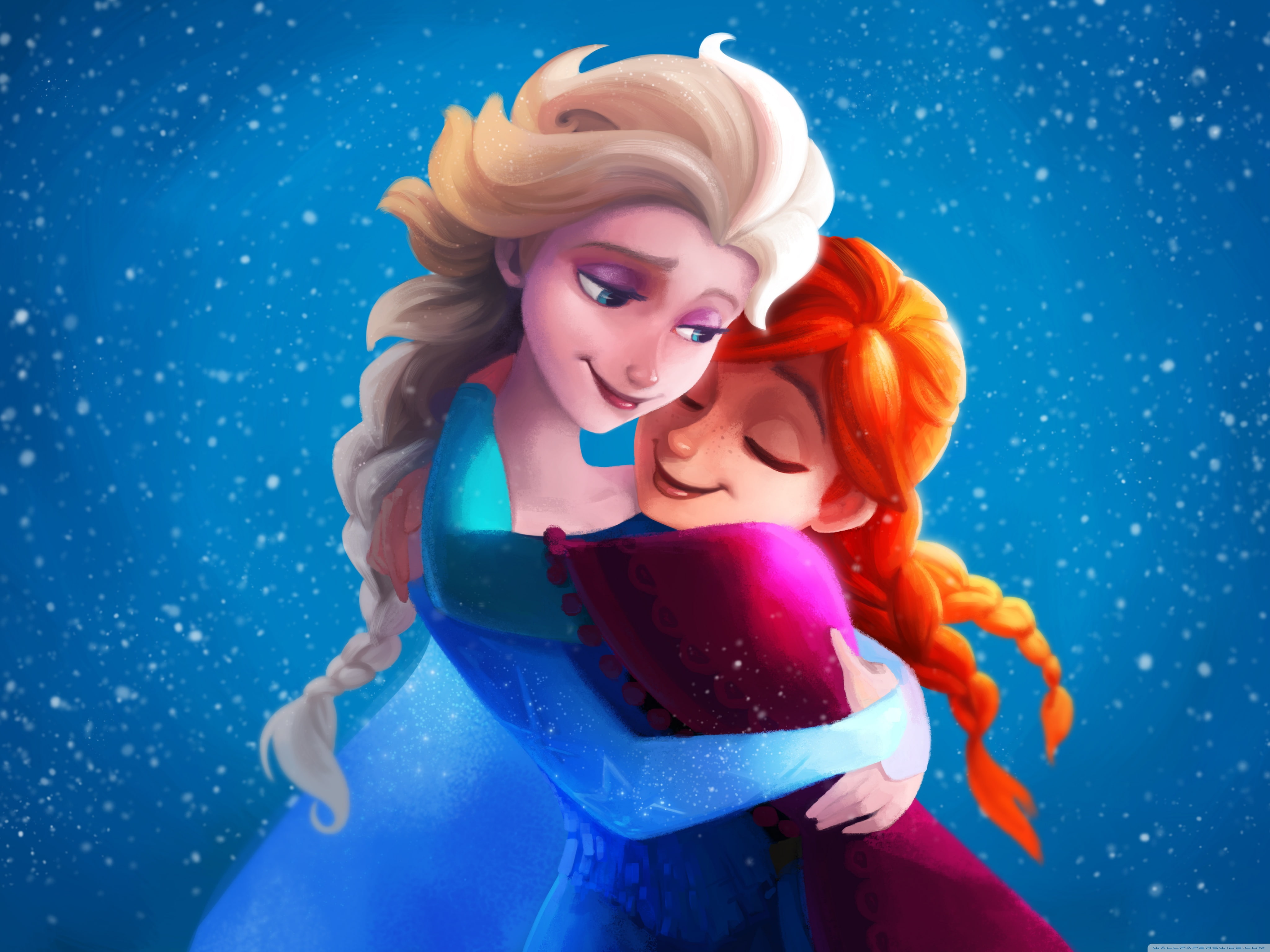 Disney Frozen Anna and Elsa illustration, Sisters, Hug, 4K