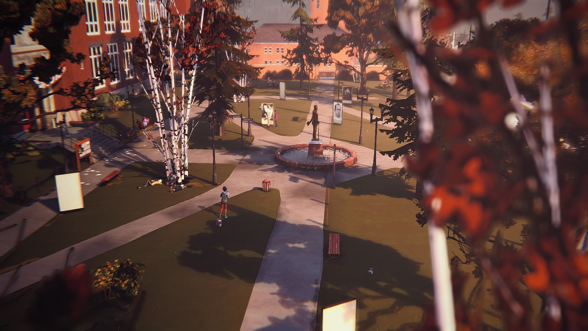 trees near buildings and fountain painting, Life Is Strange, city