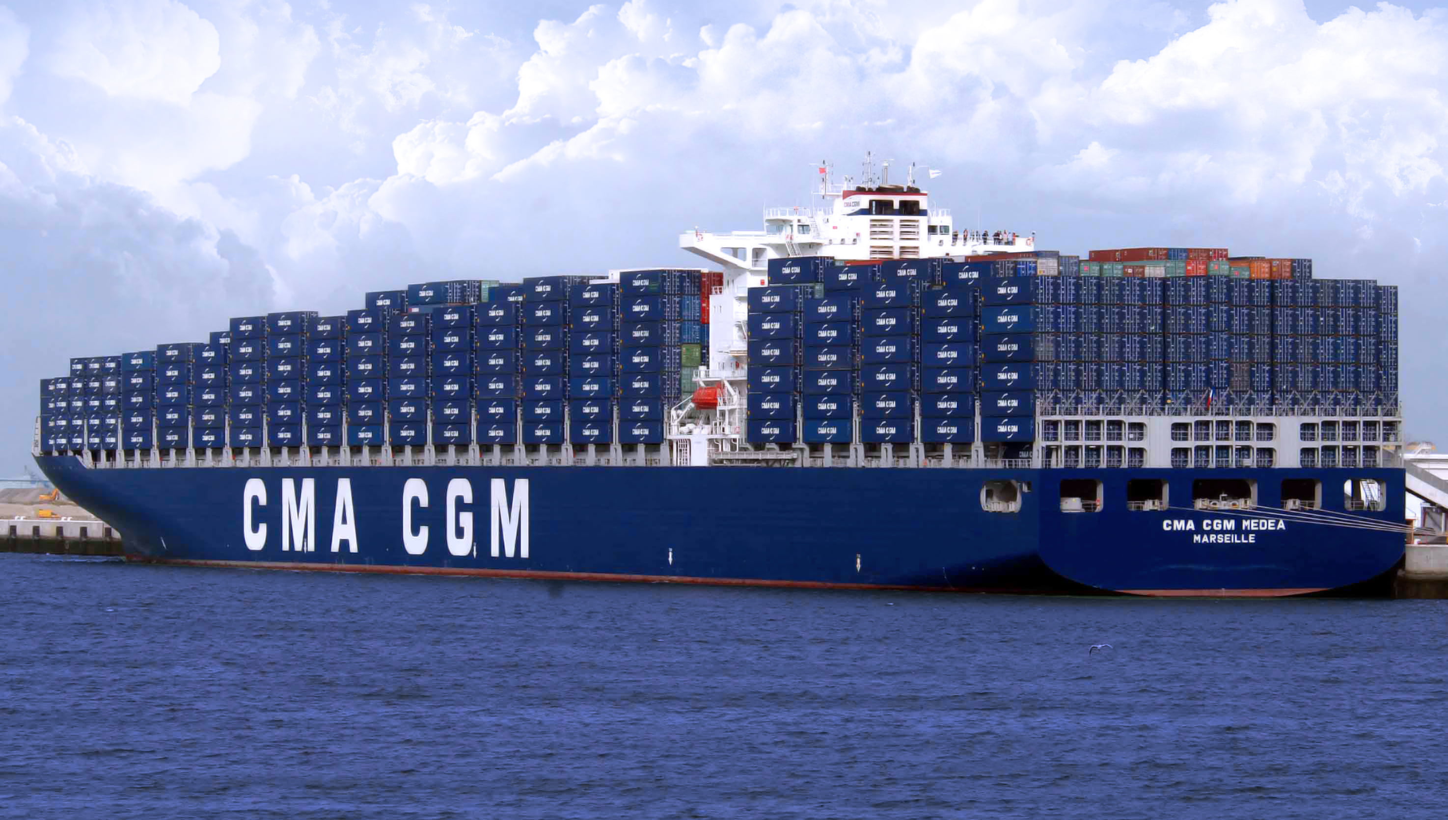 blue CMA CGM container ship, Clouds, Sea, Pier, Board, The ship