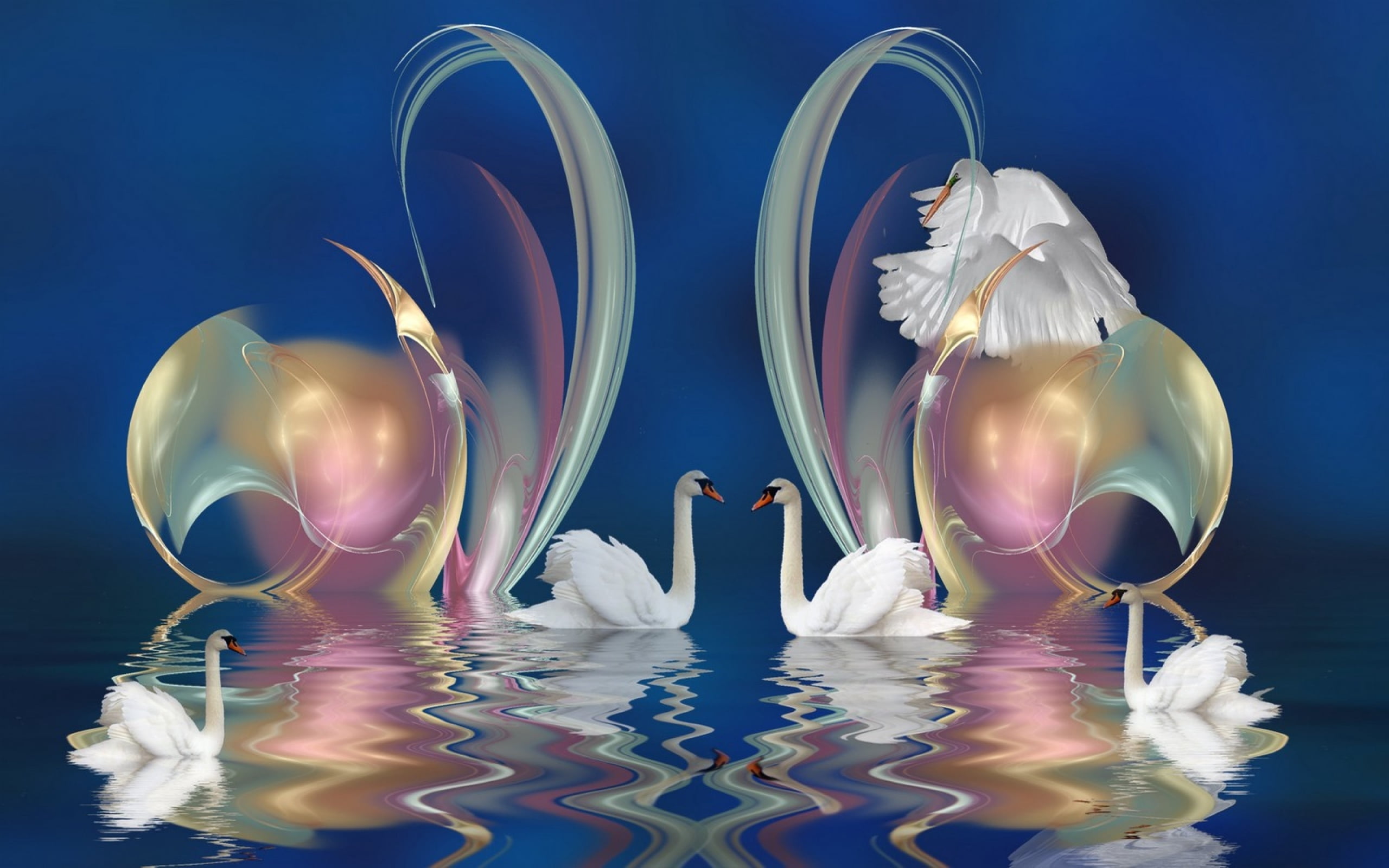 two white swans, patterns, swim, beautiful, celebration, decoration