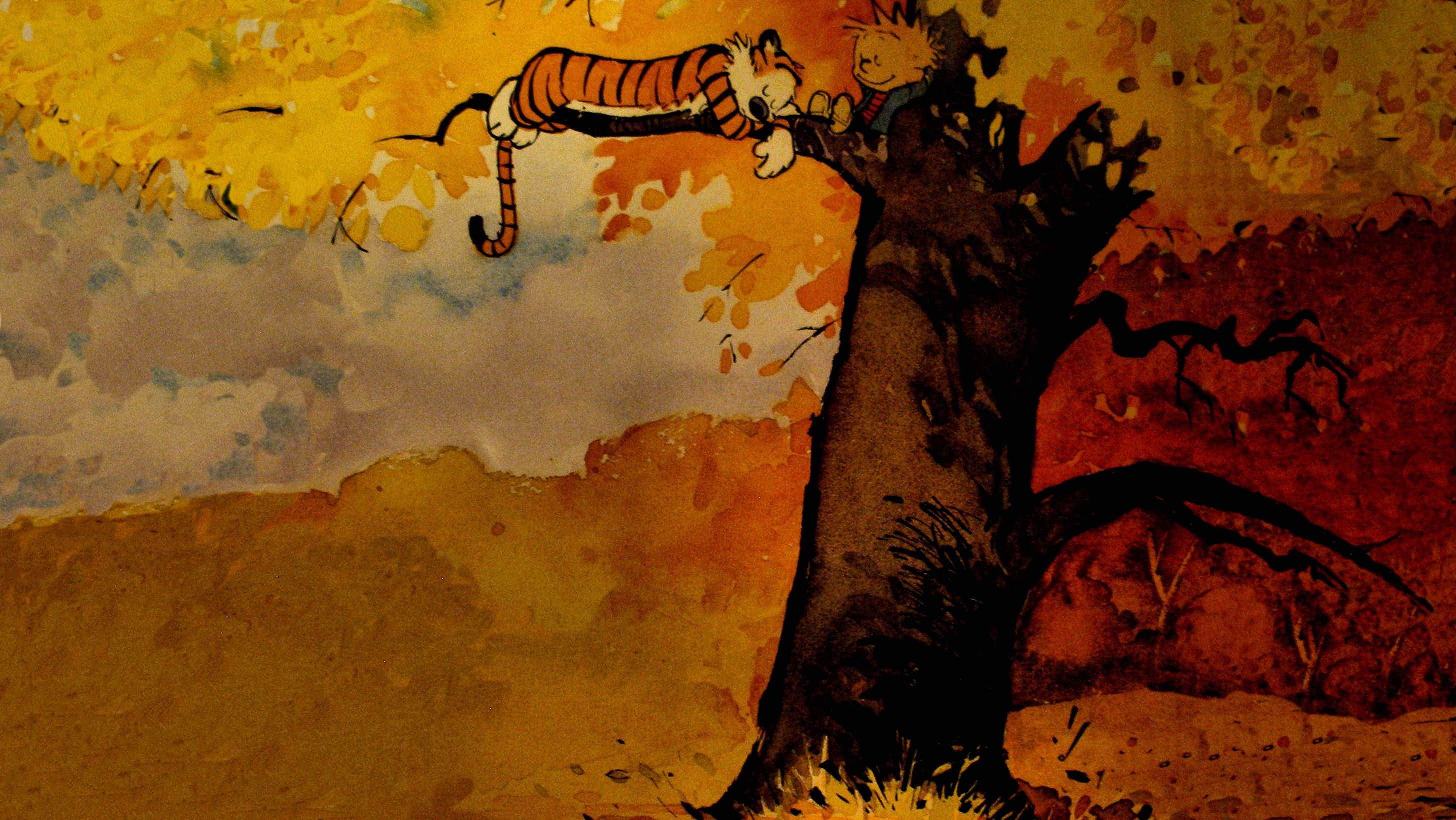 Calvin and Hobbes, fall, relaxing, cartoon, architecture, creativity