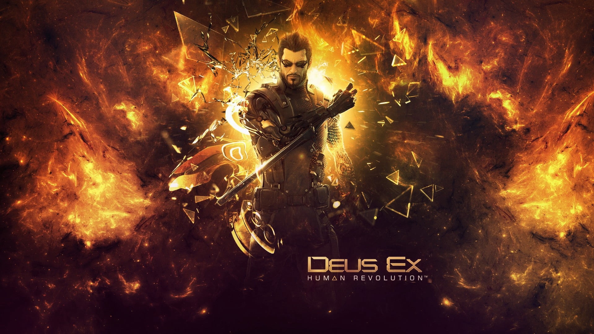 Deus Ex Human Revolution poster, adam jensen, glass, fire, look
