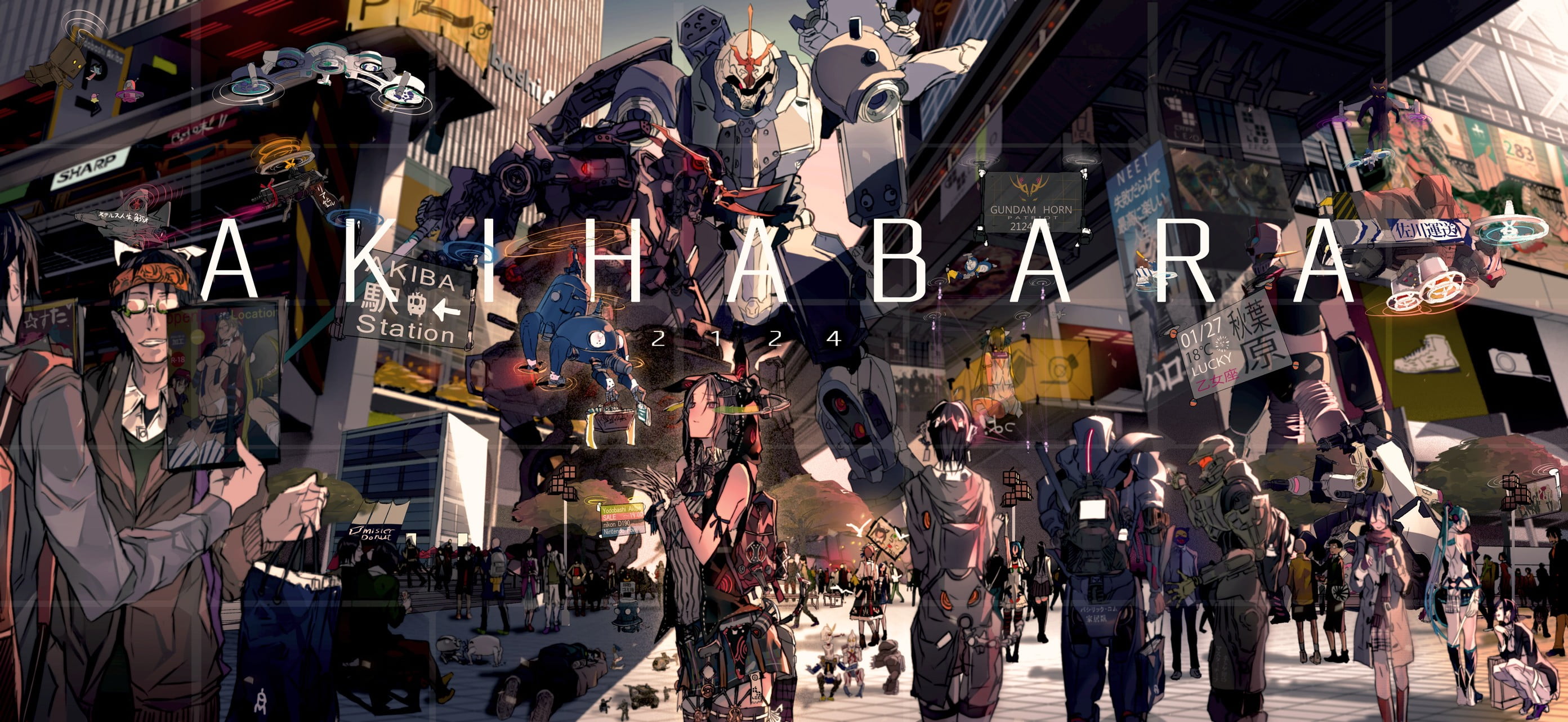 Akihabara illustration, anime screenshot, Gundam, artwork, futuristic
