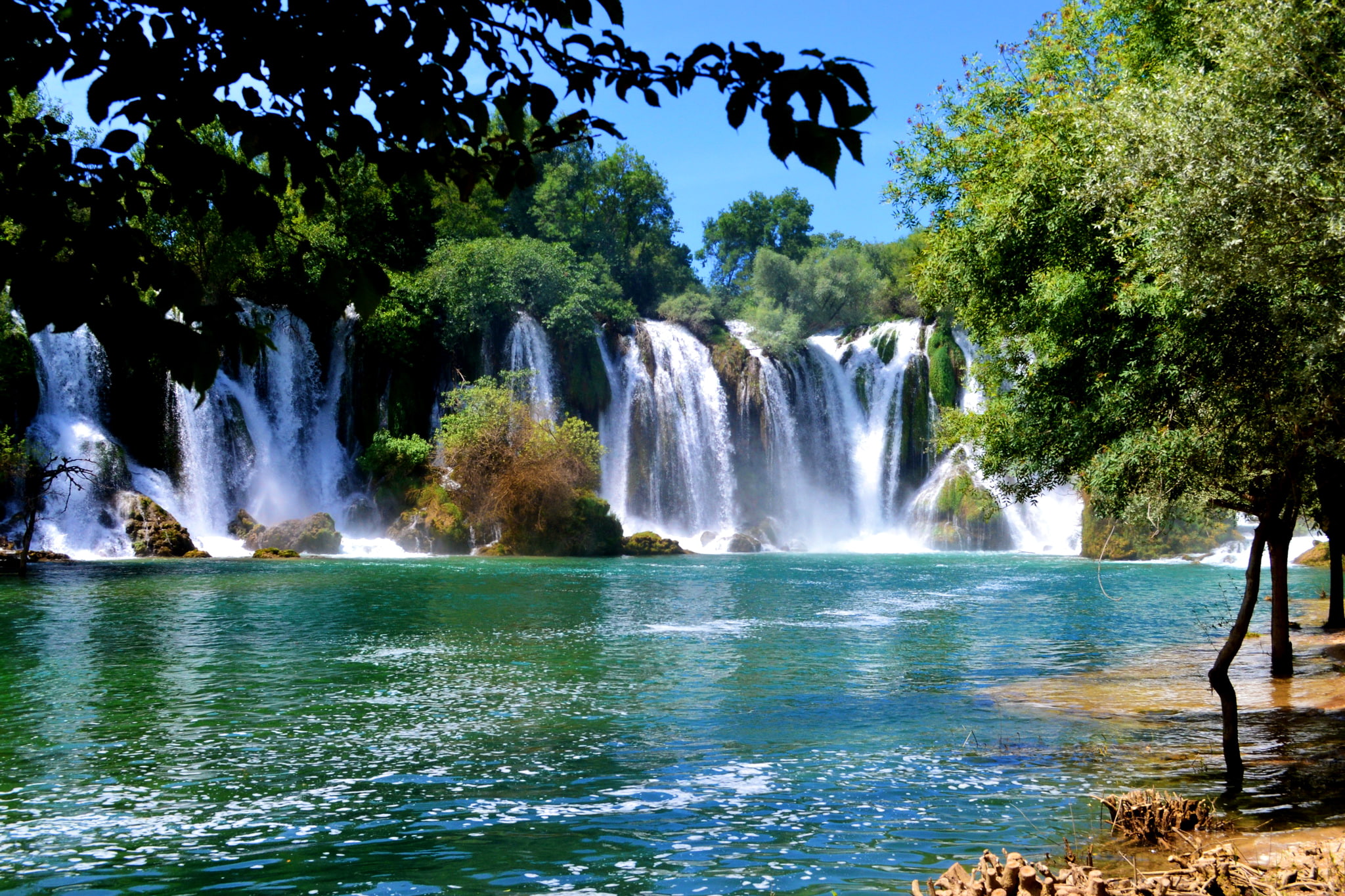 waterfall, trees, river, stones, waterfalls, Sunny, Bosnia and Herzegovina