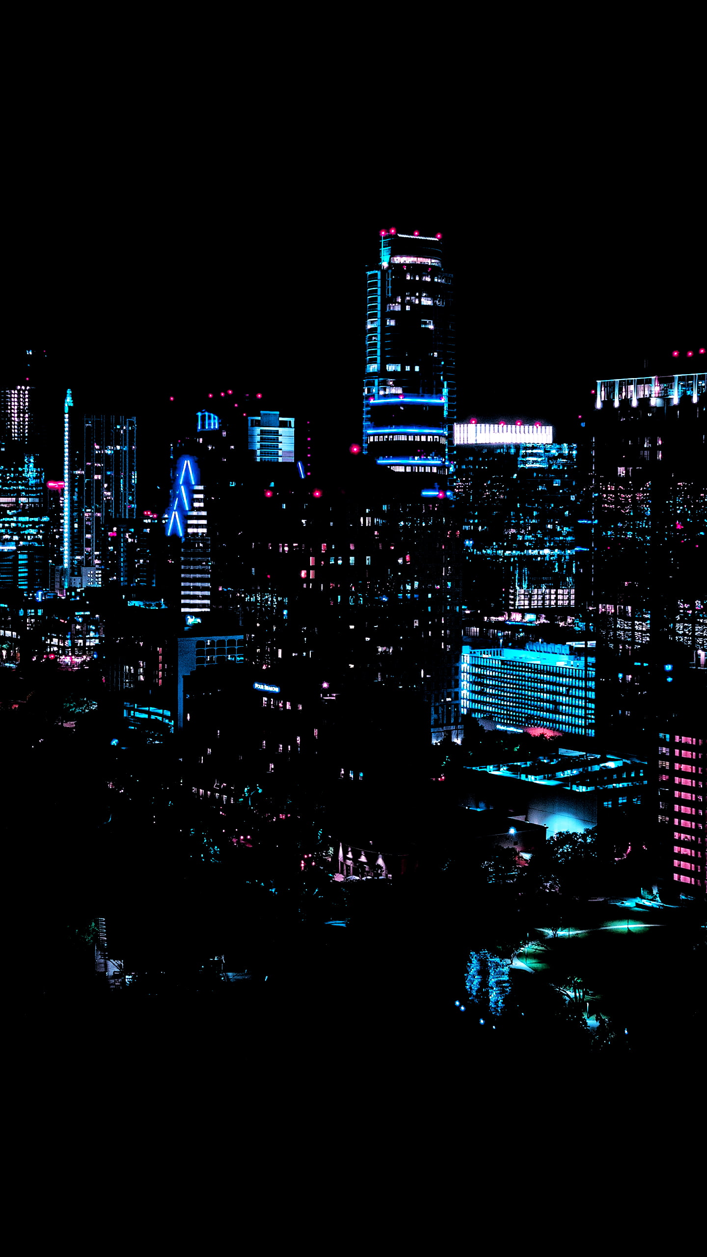 city, night, dark, building, lights, blue, city lights, vertical