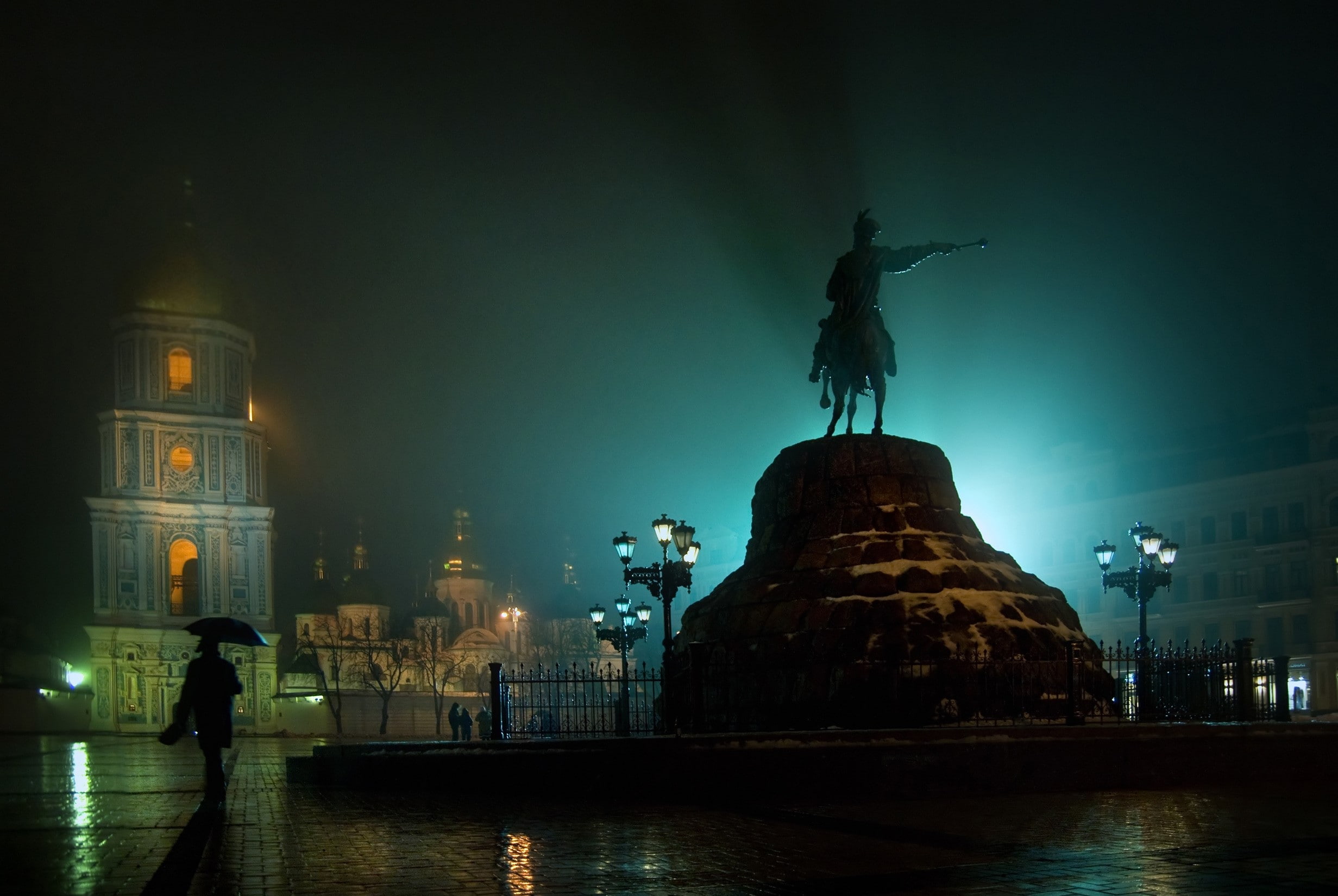 Bogdan khmelnitsky, Kiev, Bell tower, Monastery, Night, Monument