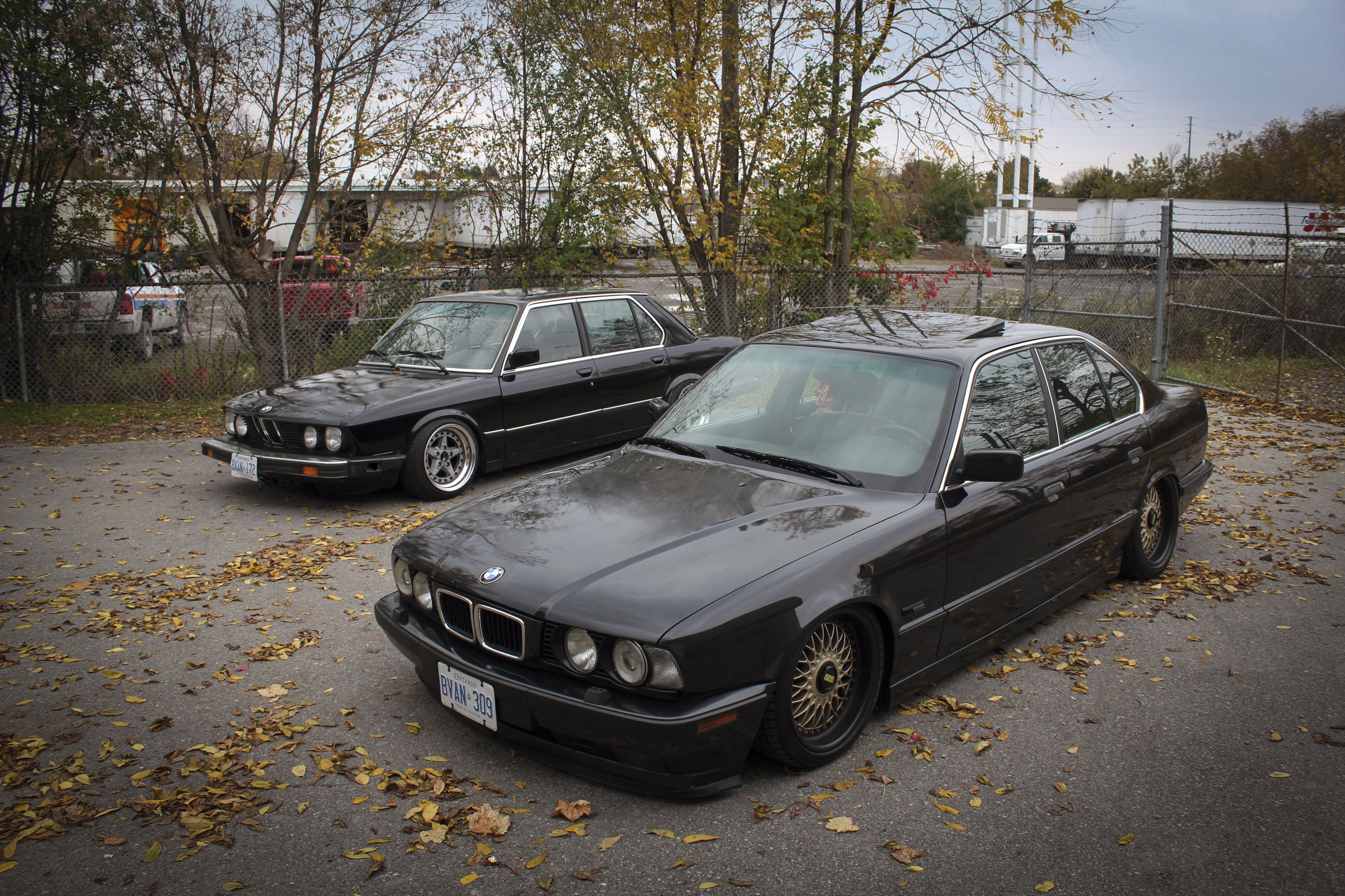 two black sedans, autumn, leaves, tuning, BMW, drives, classic