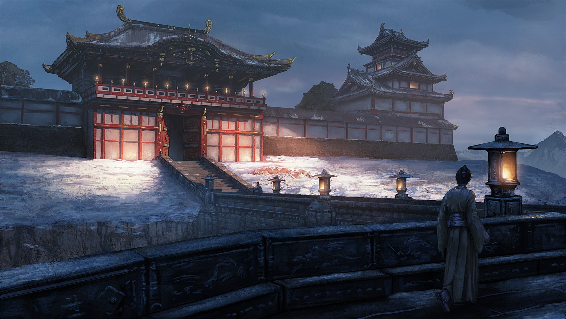 road, gate, Japan, samurai, lights, ladder, architecture, twilight