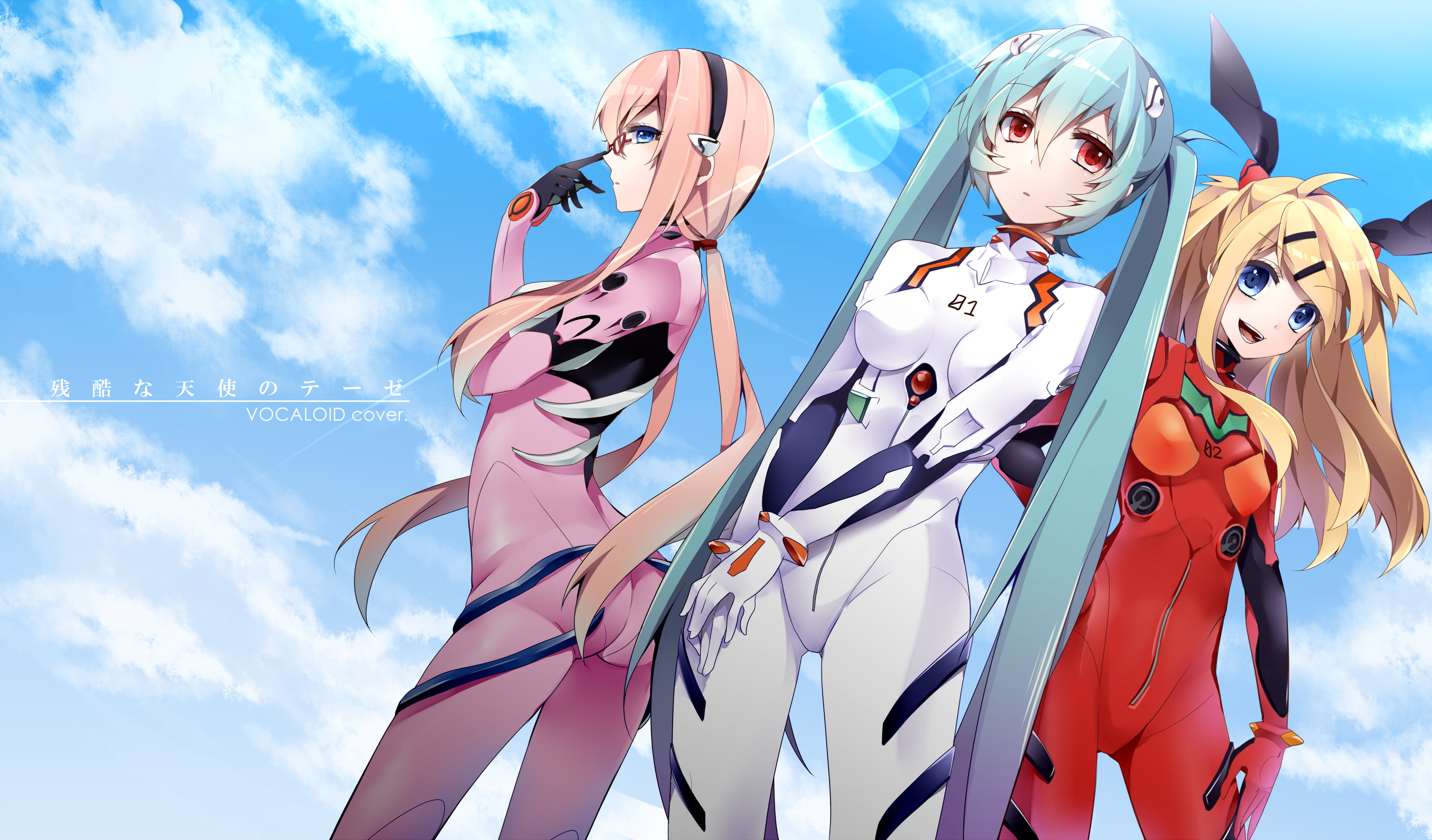 three anime characters, Hatsune Miku, Vocaloid, Neon Genesis Evangelion