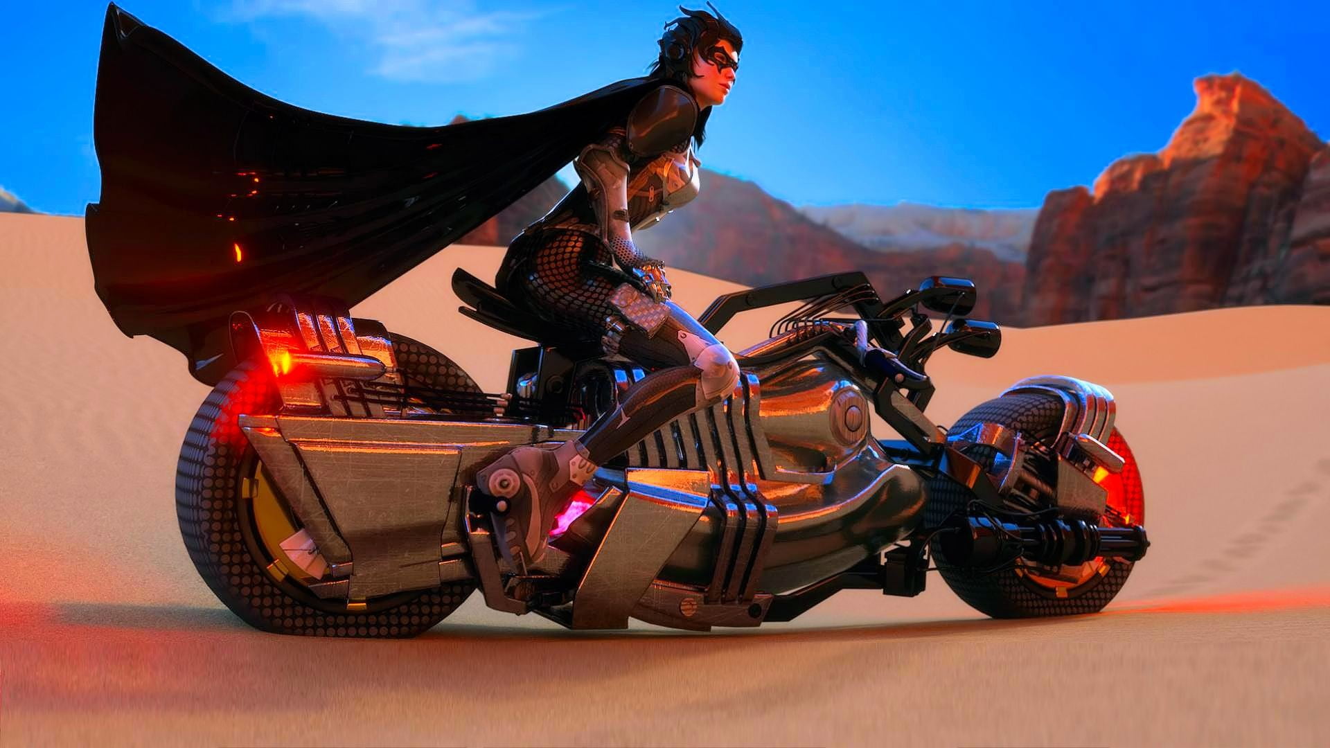 animated lady wearing black cape riding motorcycle on desert during daytime