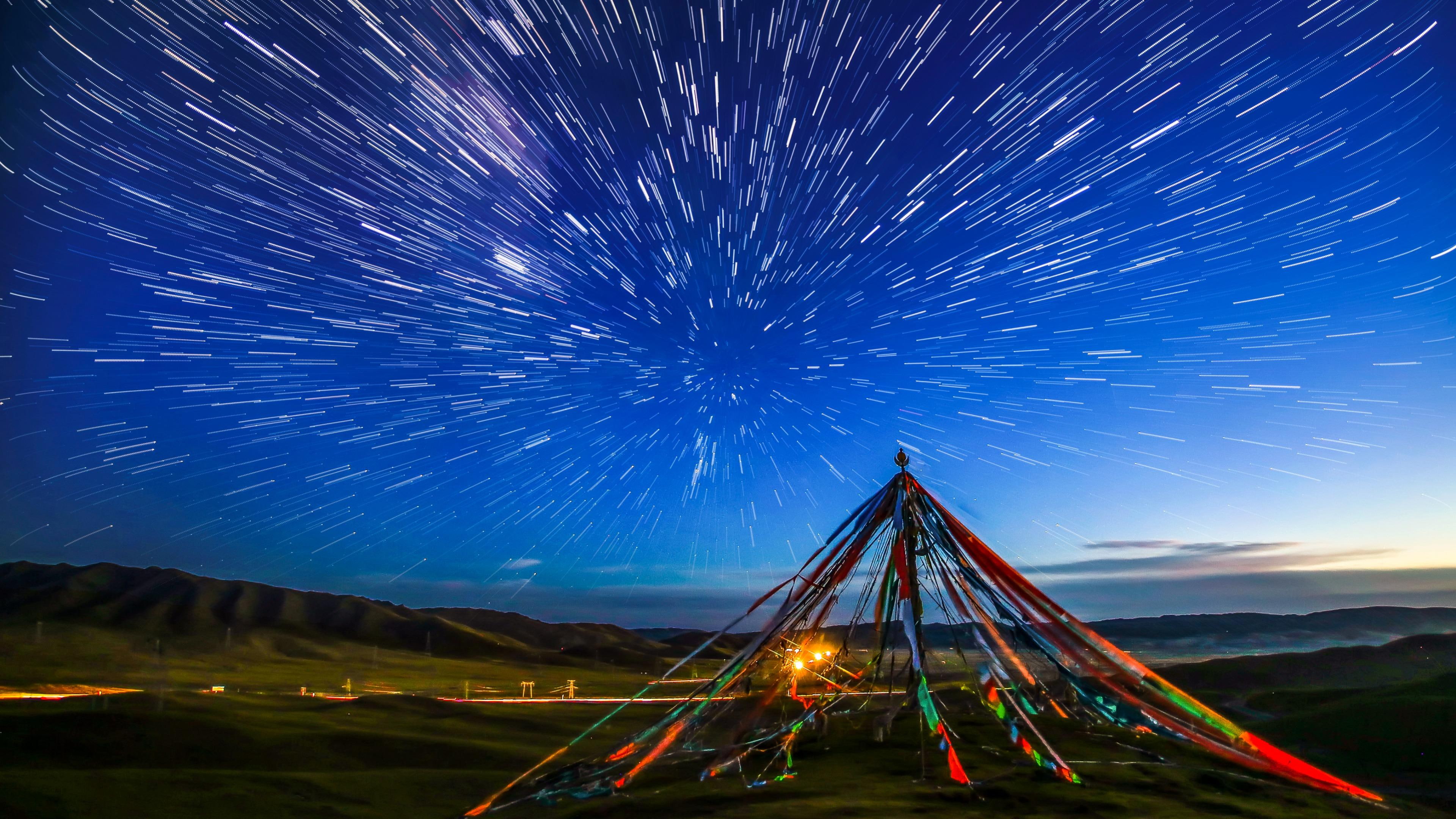 star trails, astronomy, prayer flag, tibet, night sky, stars