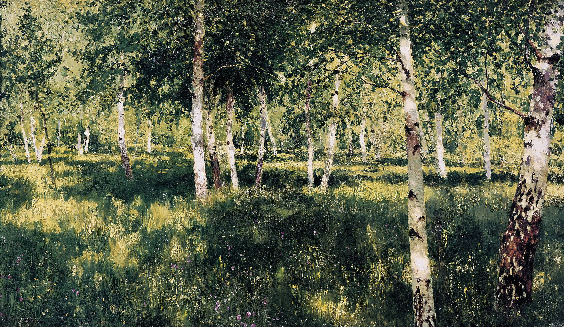 green trees and grass, picture, Levitan, Birch grove, nature