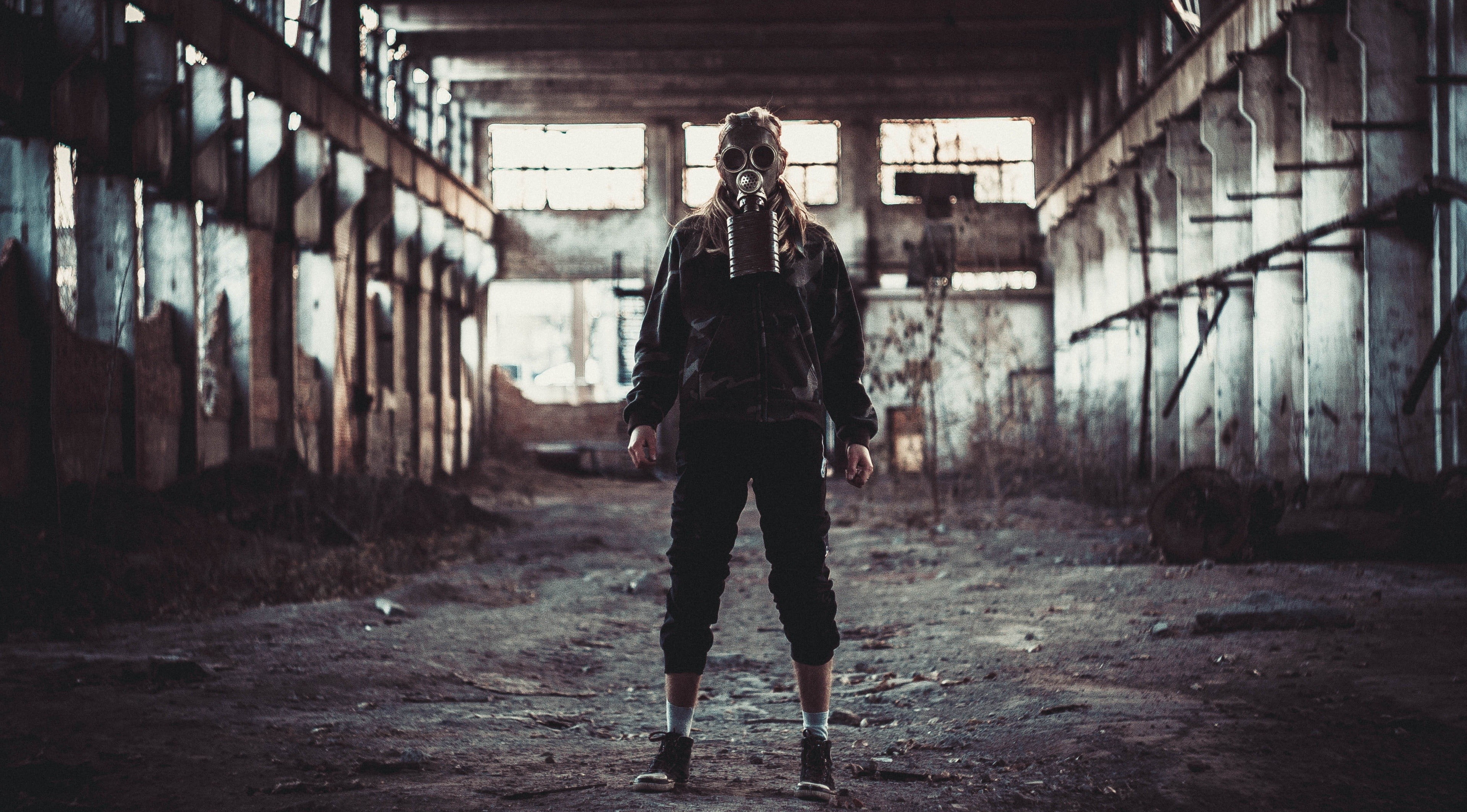 black leather jacket, gas masks, one person, architecture, full length