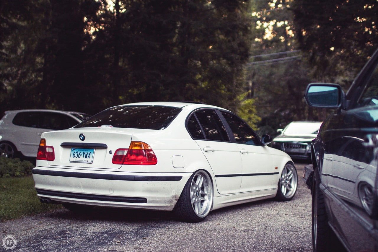 car, BMW M3 E46, Stance, lowered, trees, tuning, white, German cars