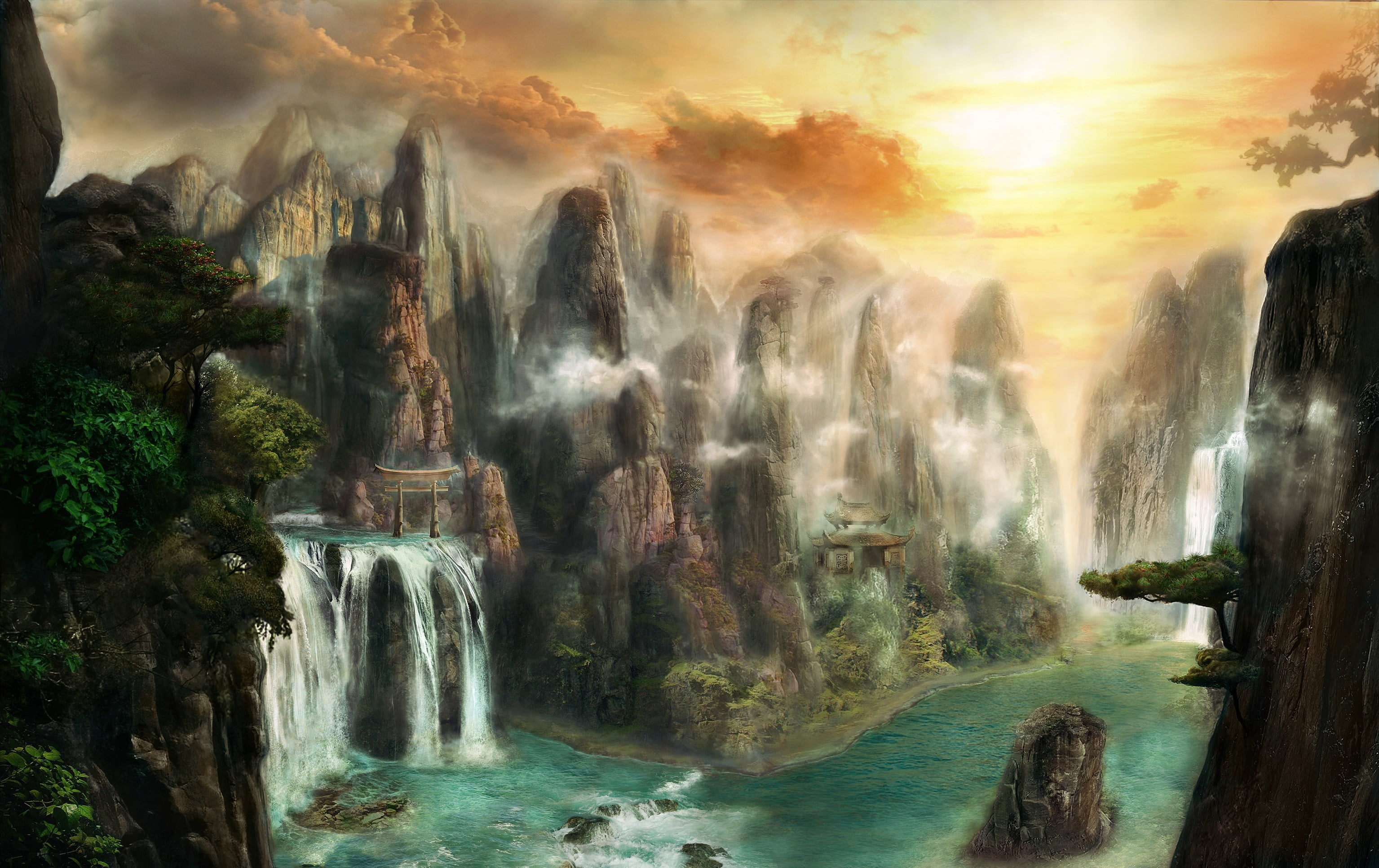 brown and green waterfalls illustration, trees, landscape, mountains