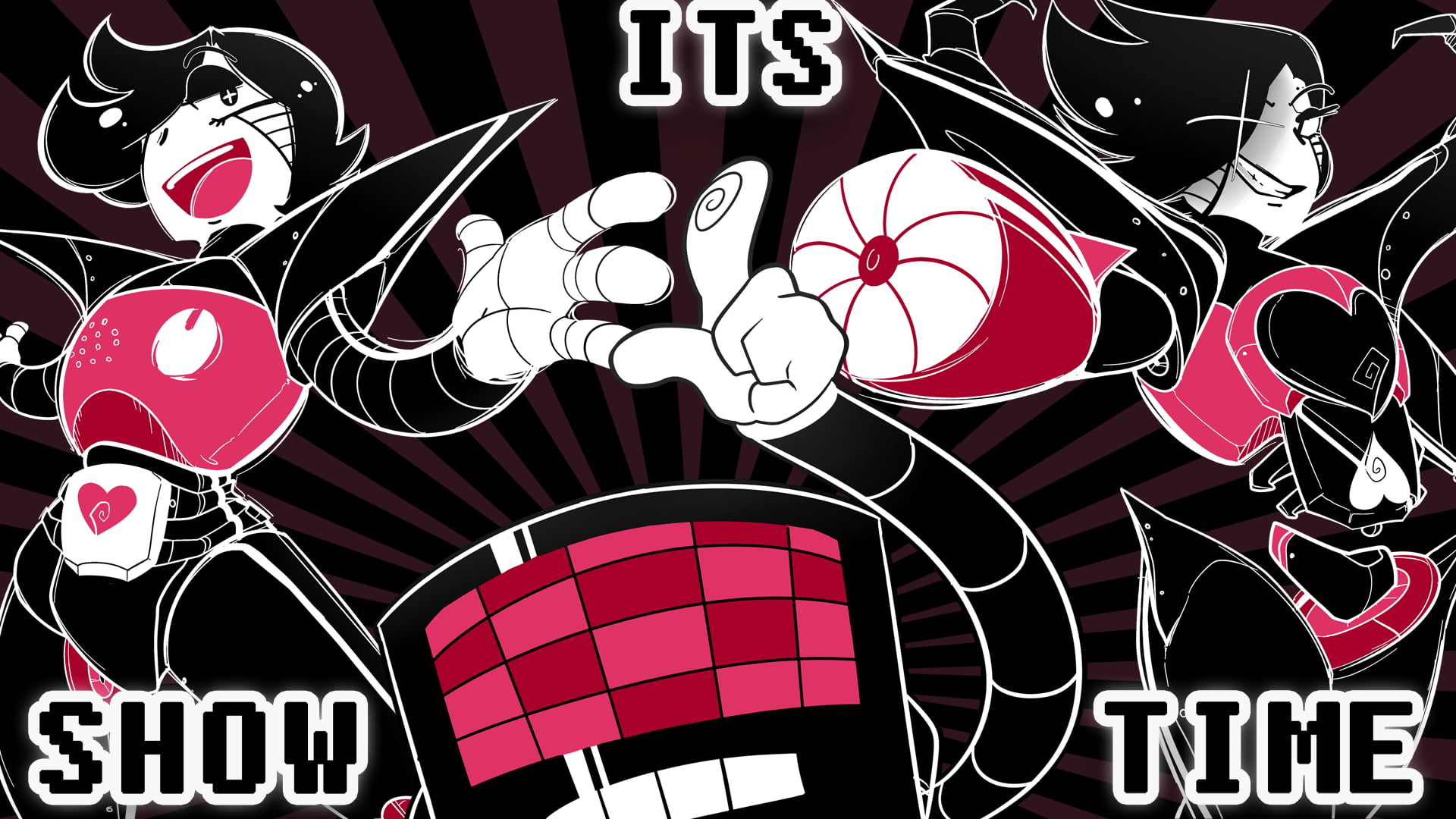 Mettaton from Undertale, black, white, and pink emo illustration with text overlay