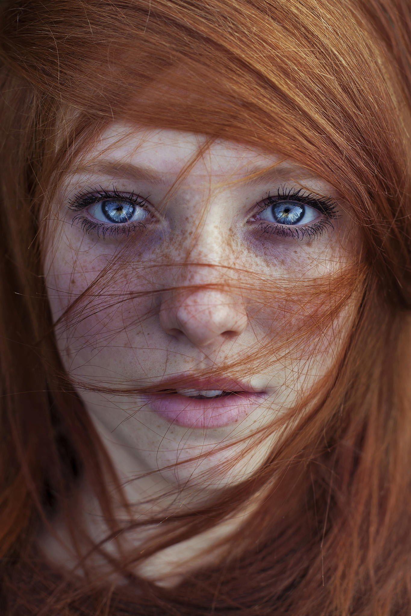 Free Download Hd Wallpaper Women Redhead Model Blue Eyes Freckles Hair In Face Portrait 8080