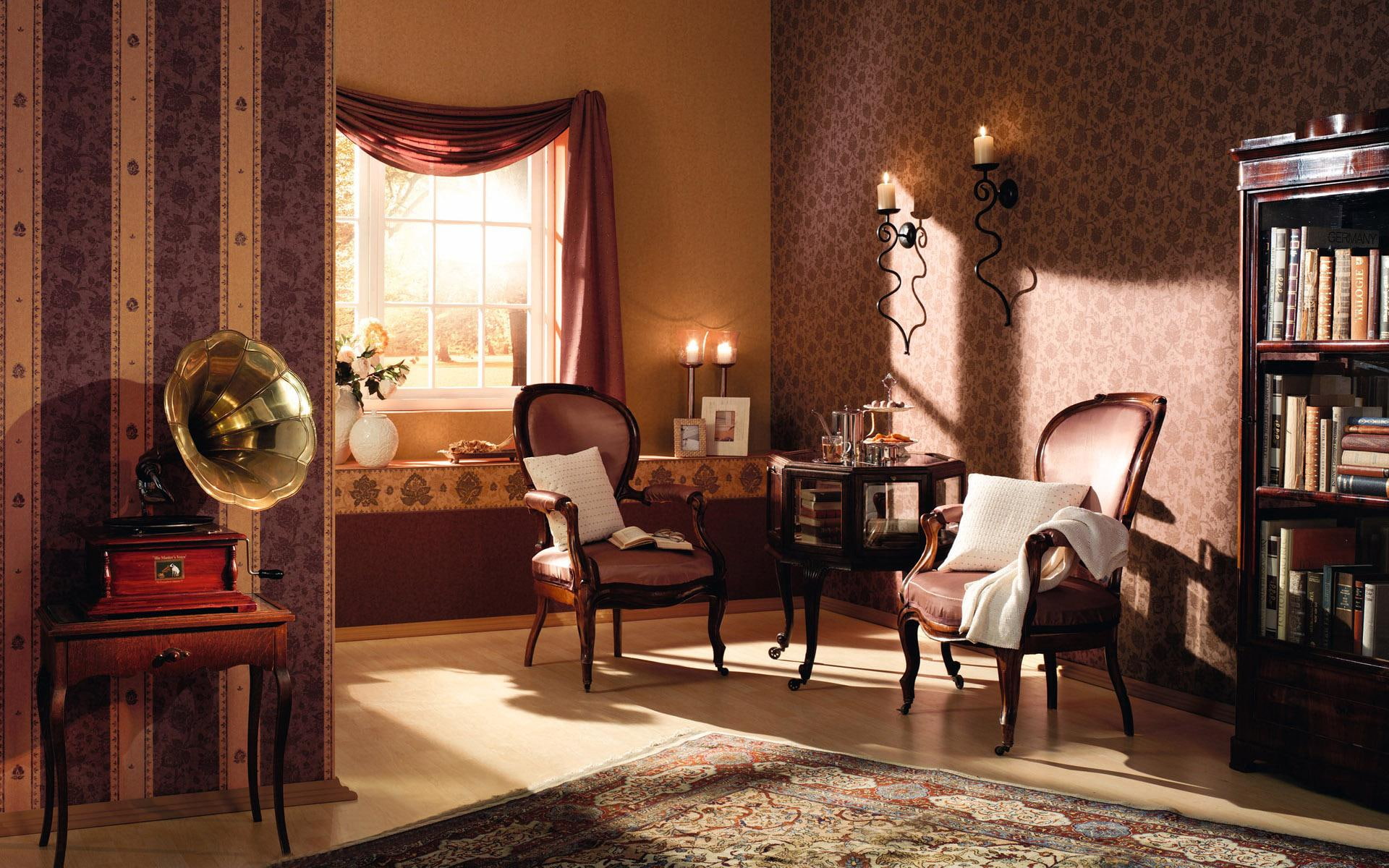 Vintage Elegance, room, lamps, books, carpet, elegant, rugs, flowers