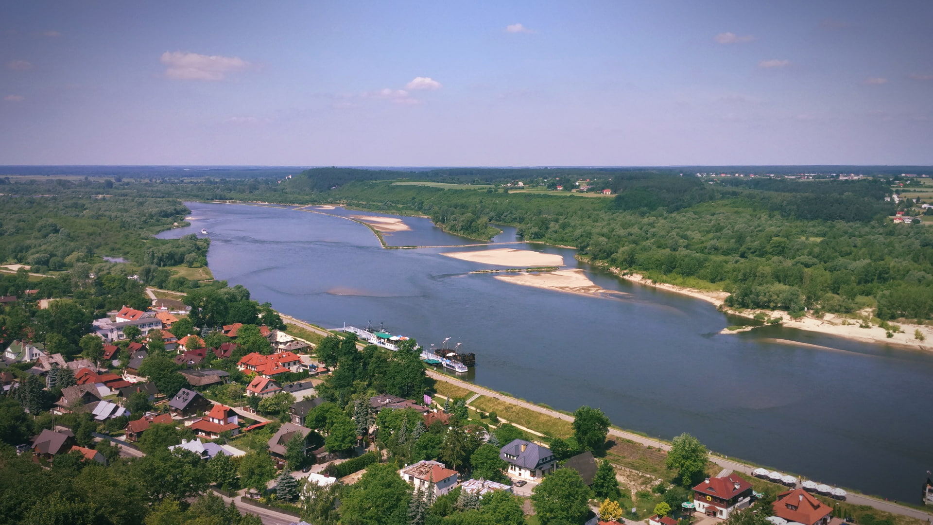 Poland, river, Vistula, town, landscape, water, plant, high angle view