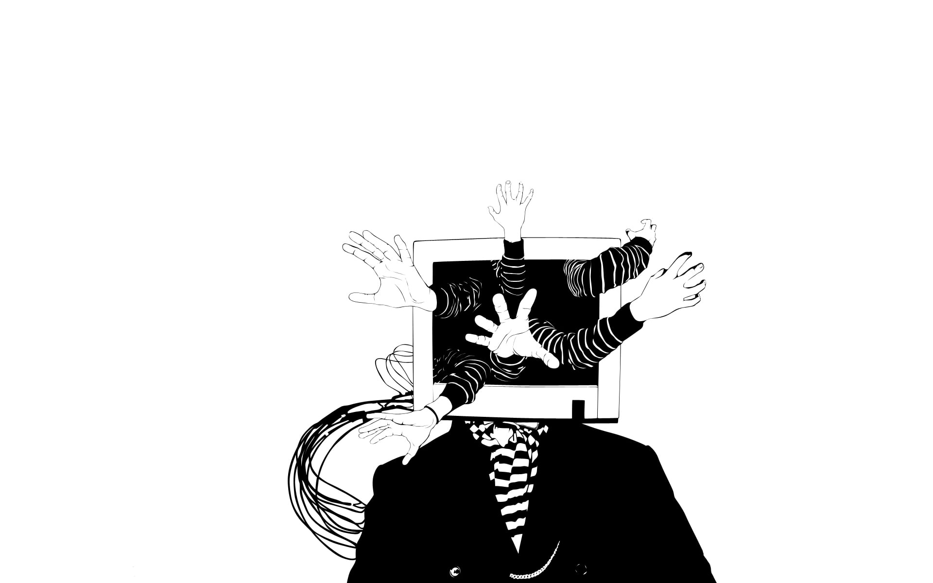 Monitor Abstract BW White HD, black suit jacket and monitor with hands illustration