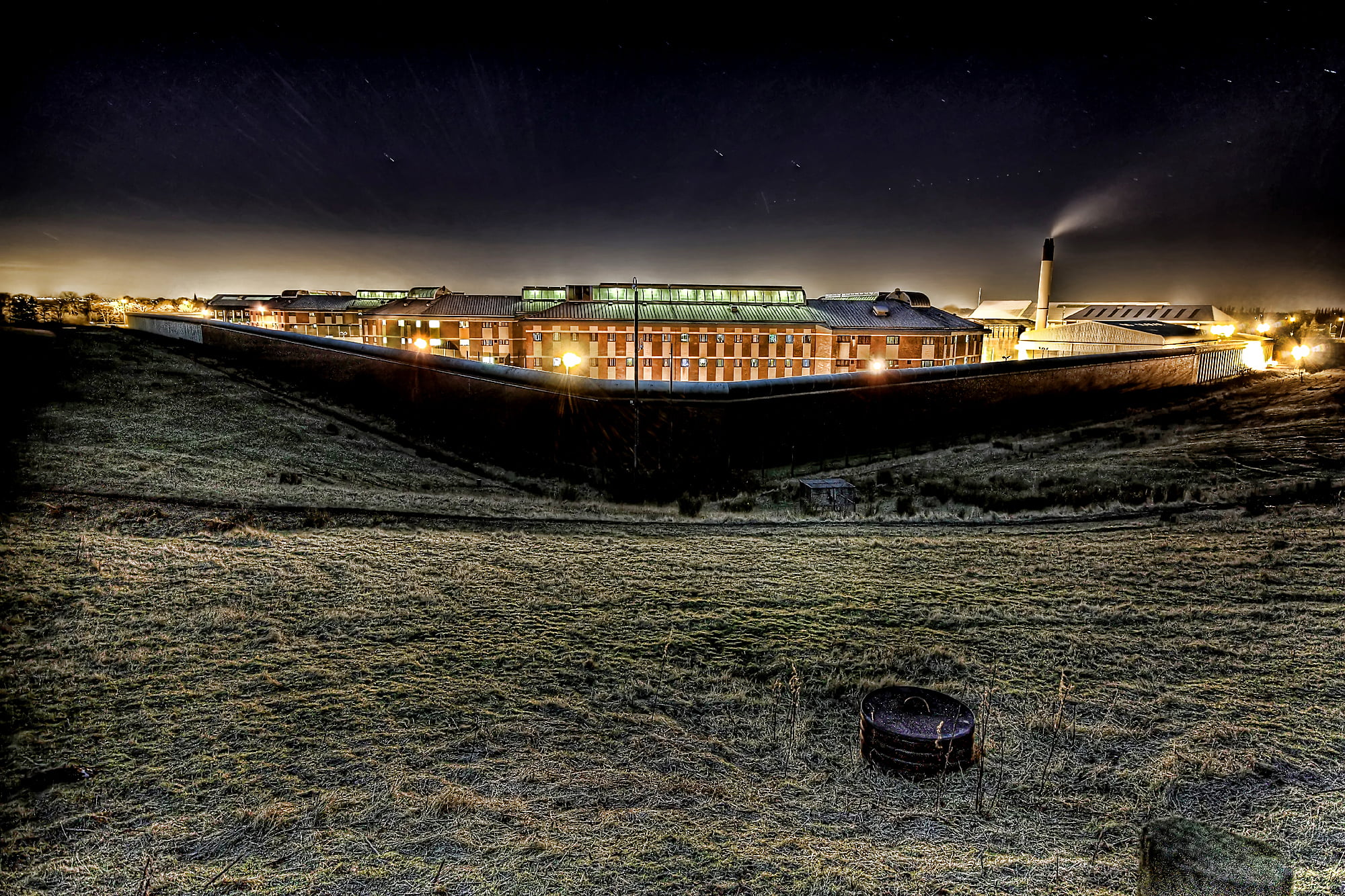 green grass field during night time, Prison Break, HMP Risley