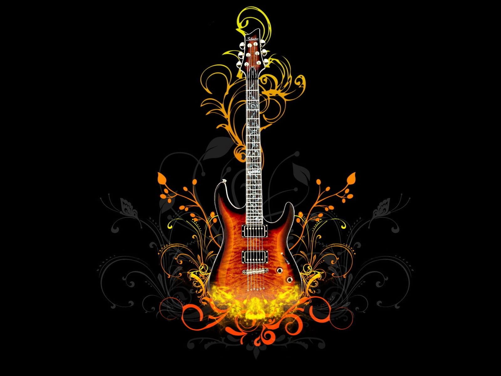 orange and black stratocaster guitar illustration, fire, light