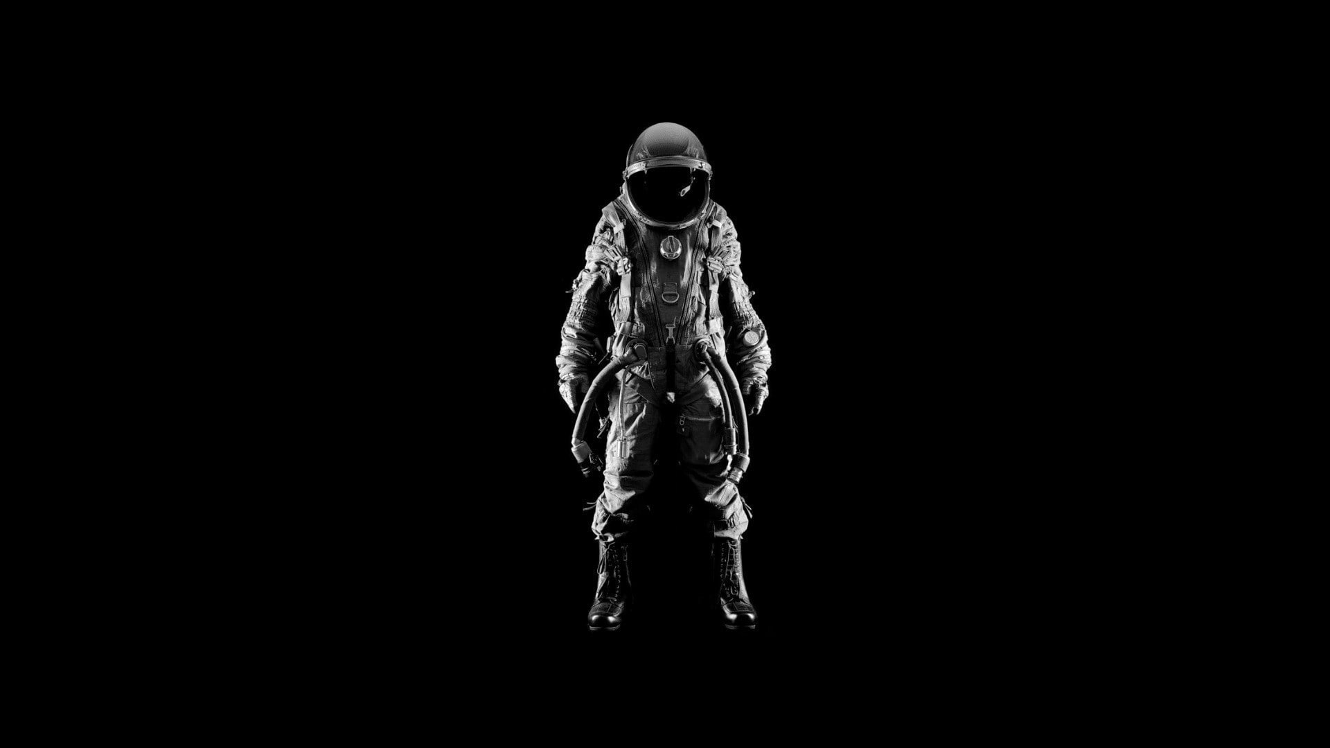minimalism, monochrome, astronaut, boots, digital art, black background