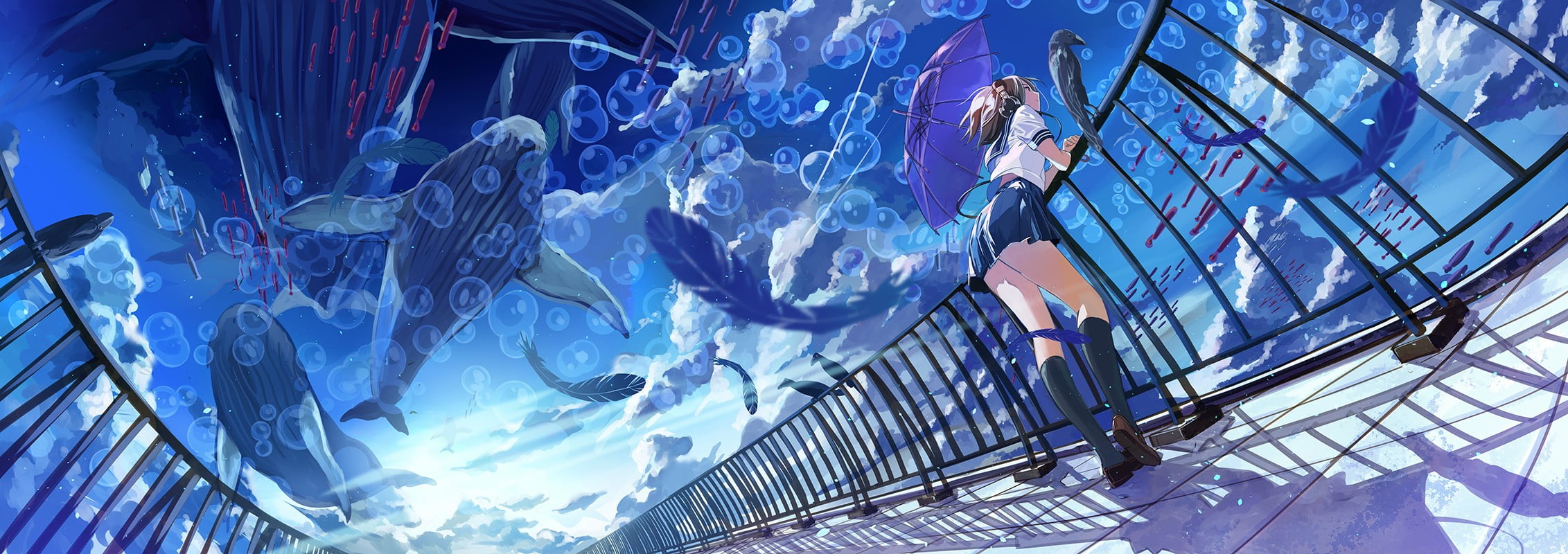 umbrella, fish, school uniform, anime girls, clouds, whale