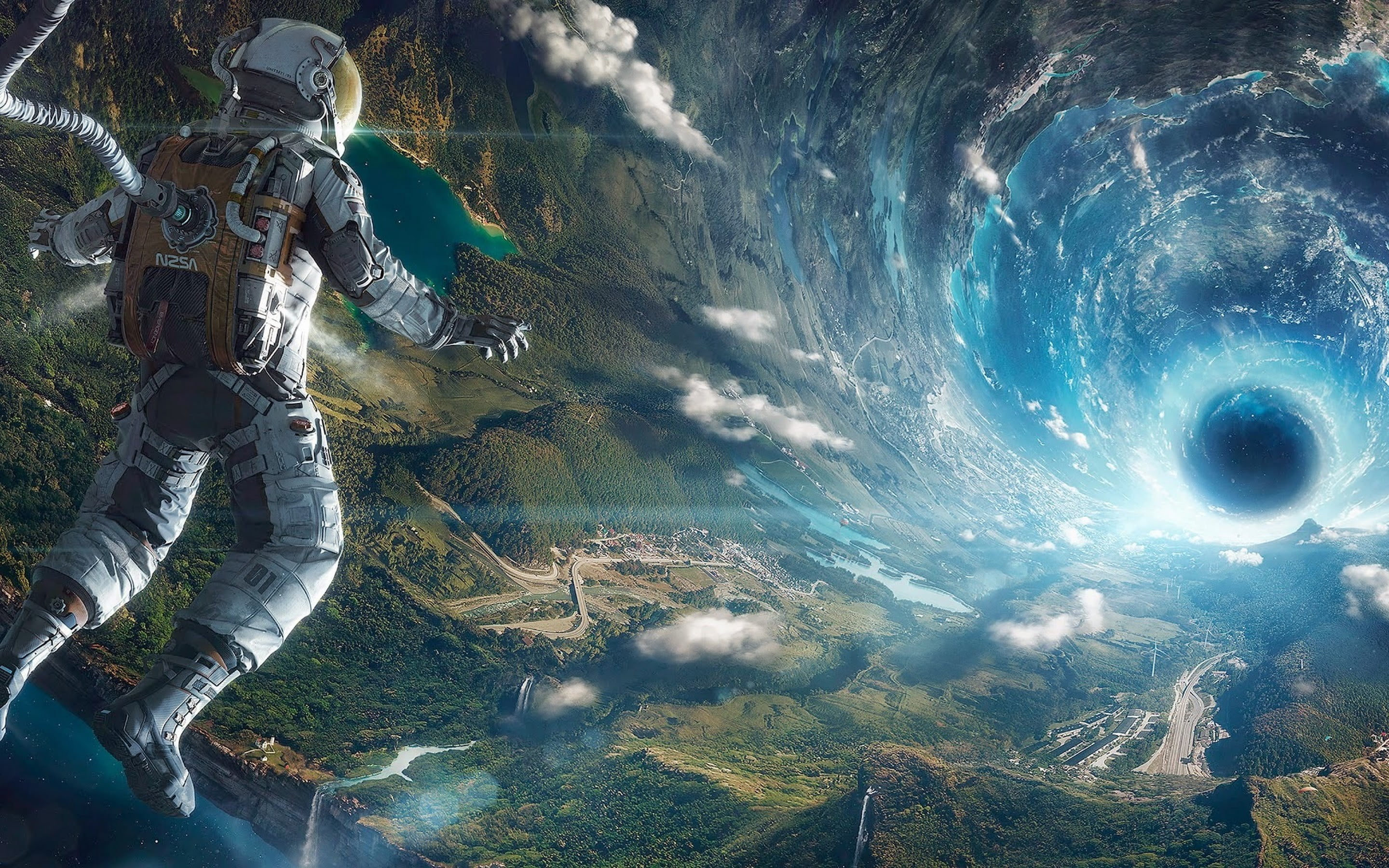 astronaut on sky painting, space, science fiction, digital art