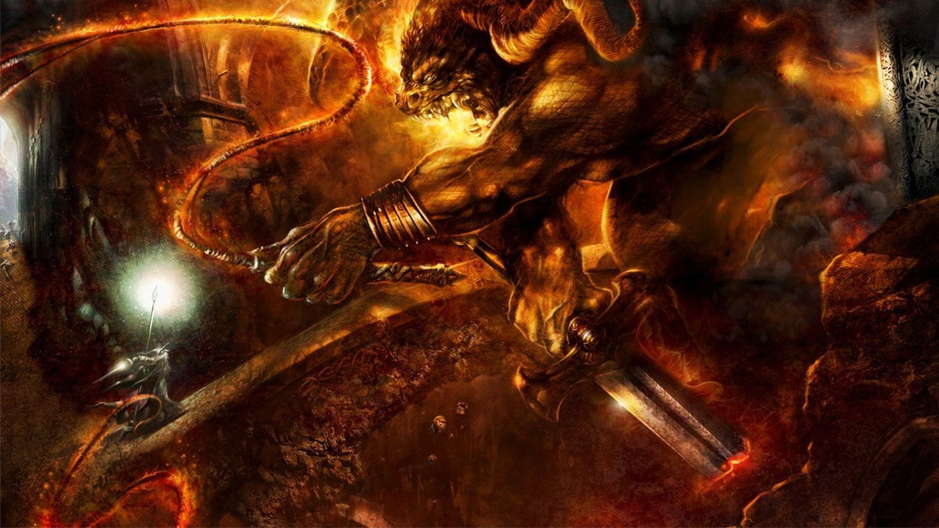 video game screenshot, taurus monster with flaming whip, The Lord of the Rings