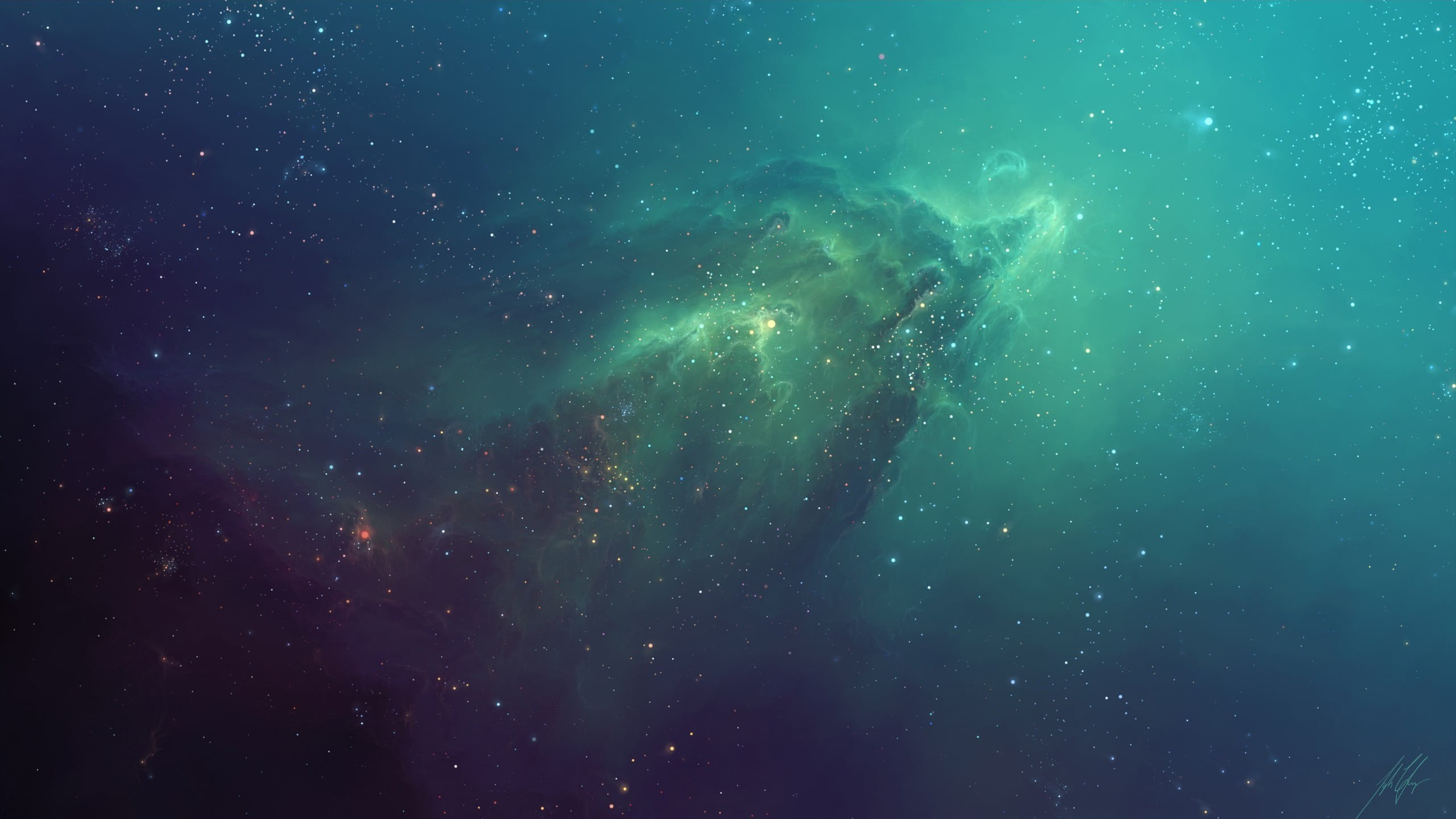 outer space illustration, nebula, stars, green, galaxy, TylerCreatesWorlds