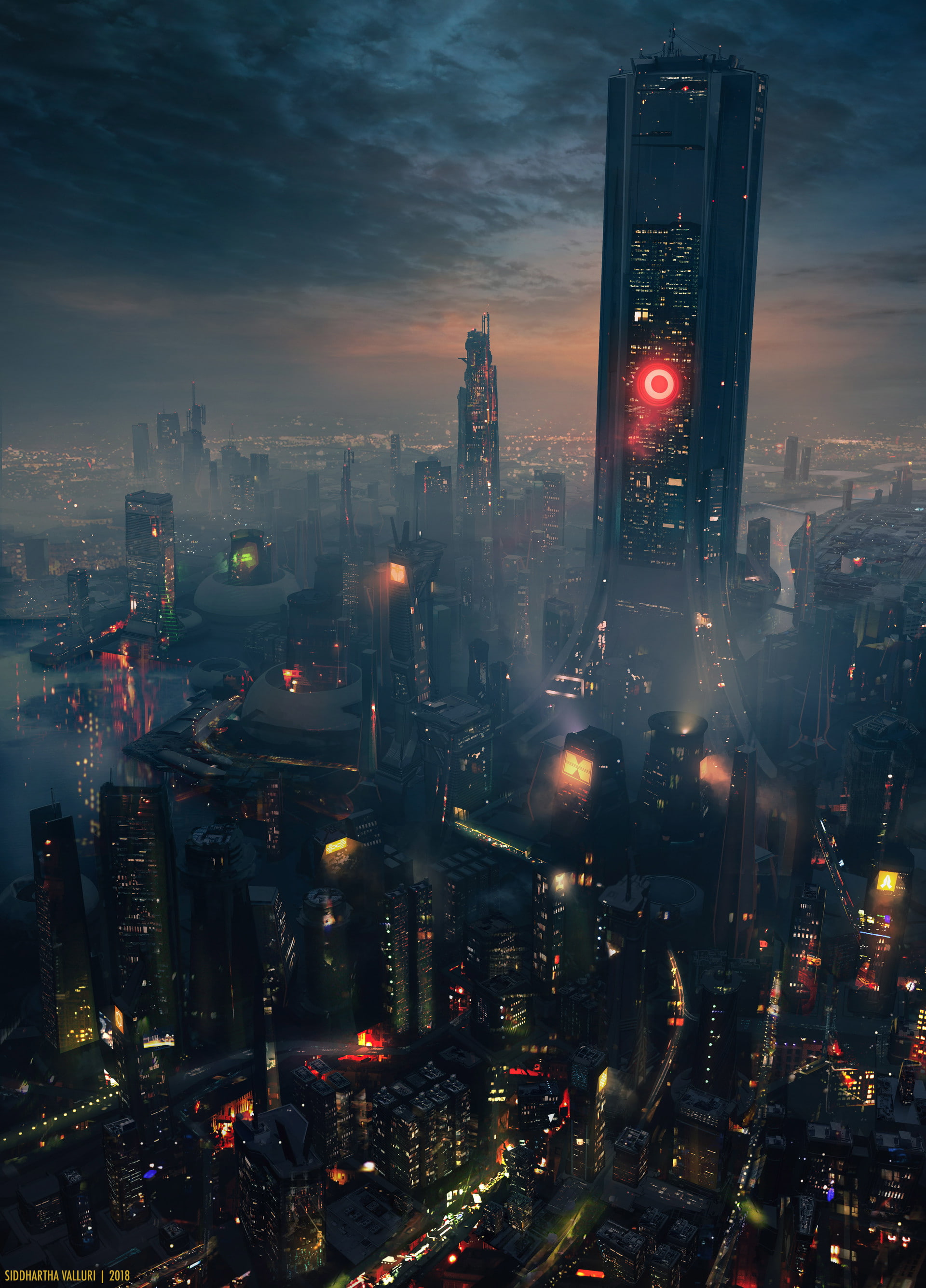 concept art, cyberpunk, city, night, dark, science fiction