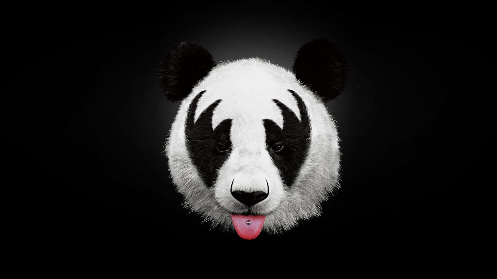 panda, tongues, Kiss (music), humor, pierced tongue, black