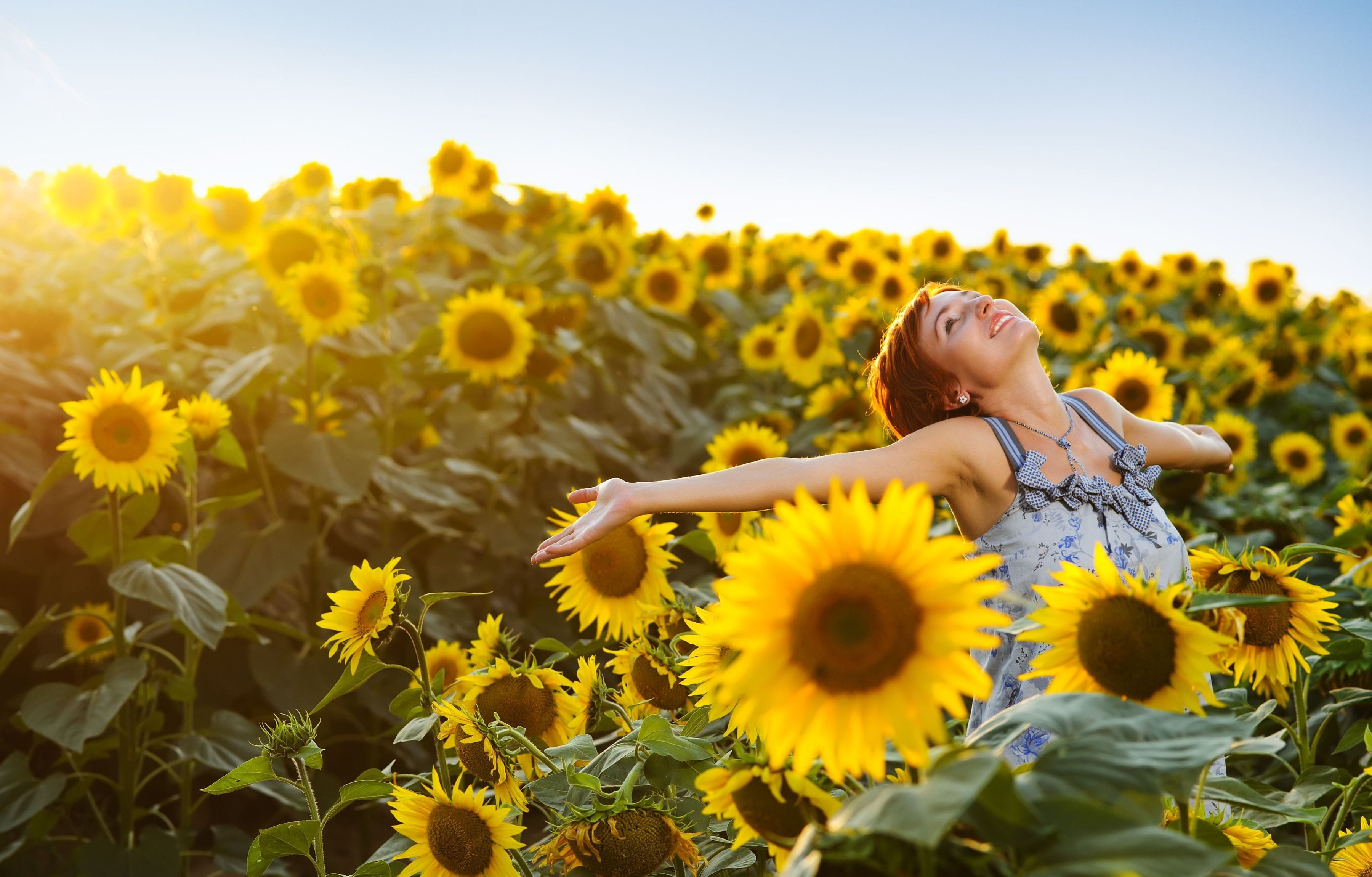 sunflower field, the sky, girl, joy, happiness, sunflowers, yellow