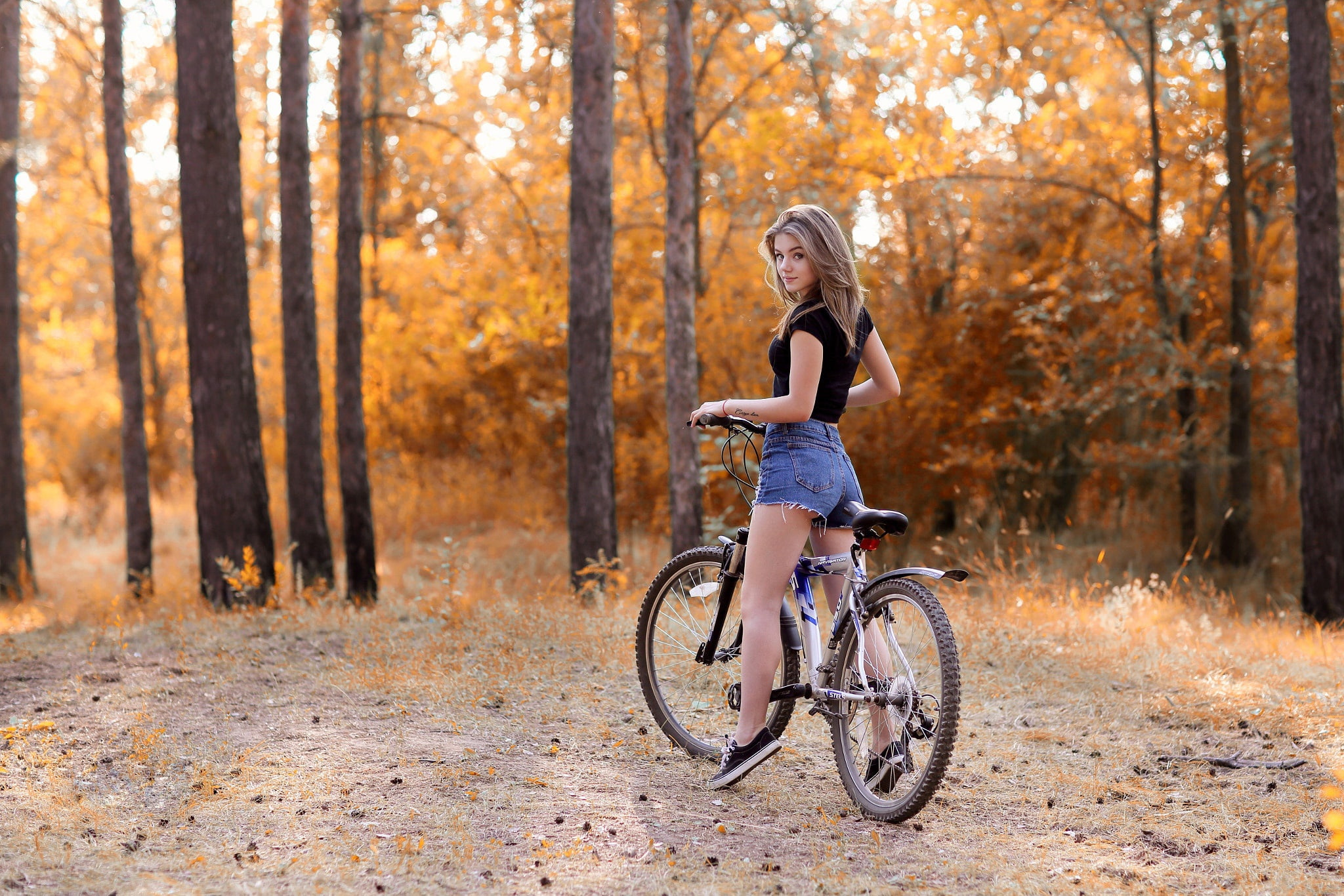 autumn, forest, girl, trees, nature, bike, Park, mood, stay