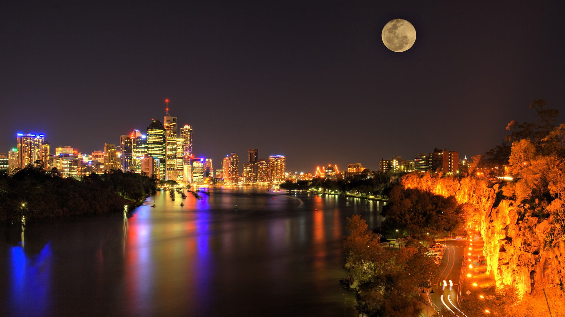 cityscape, lights, building, Moon, river, night, Australia