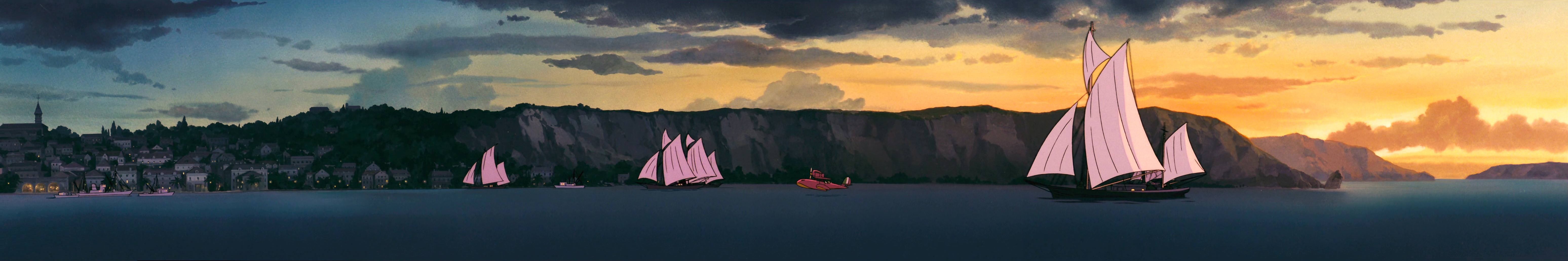 Studio Ghibli, anime, sky, cloud - sky, panoramic, sunset, water