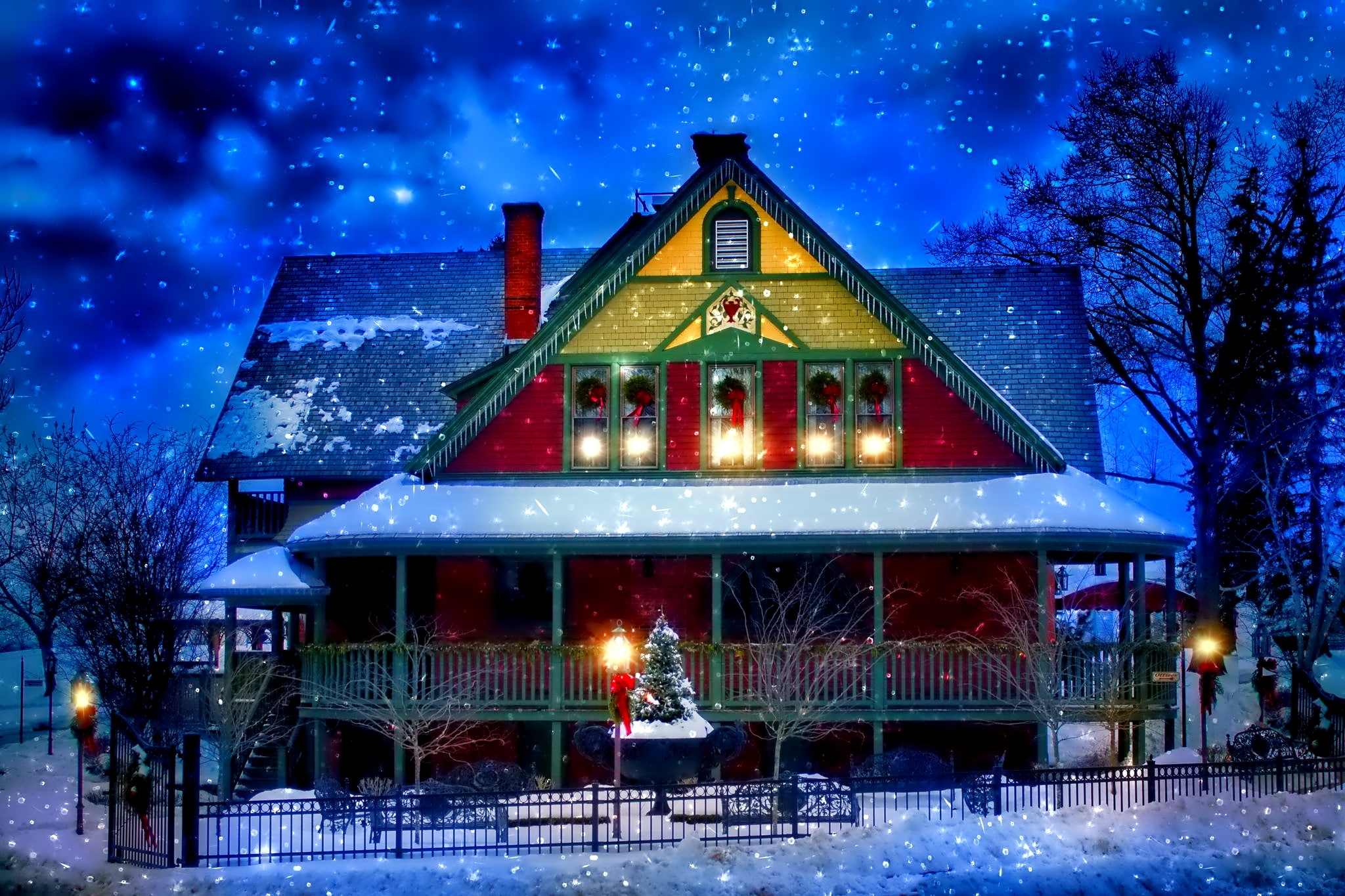 red and gray wooden house, light, snow, decoration, trees, lights